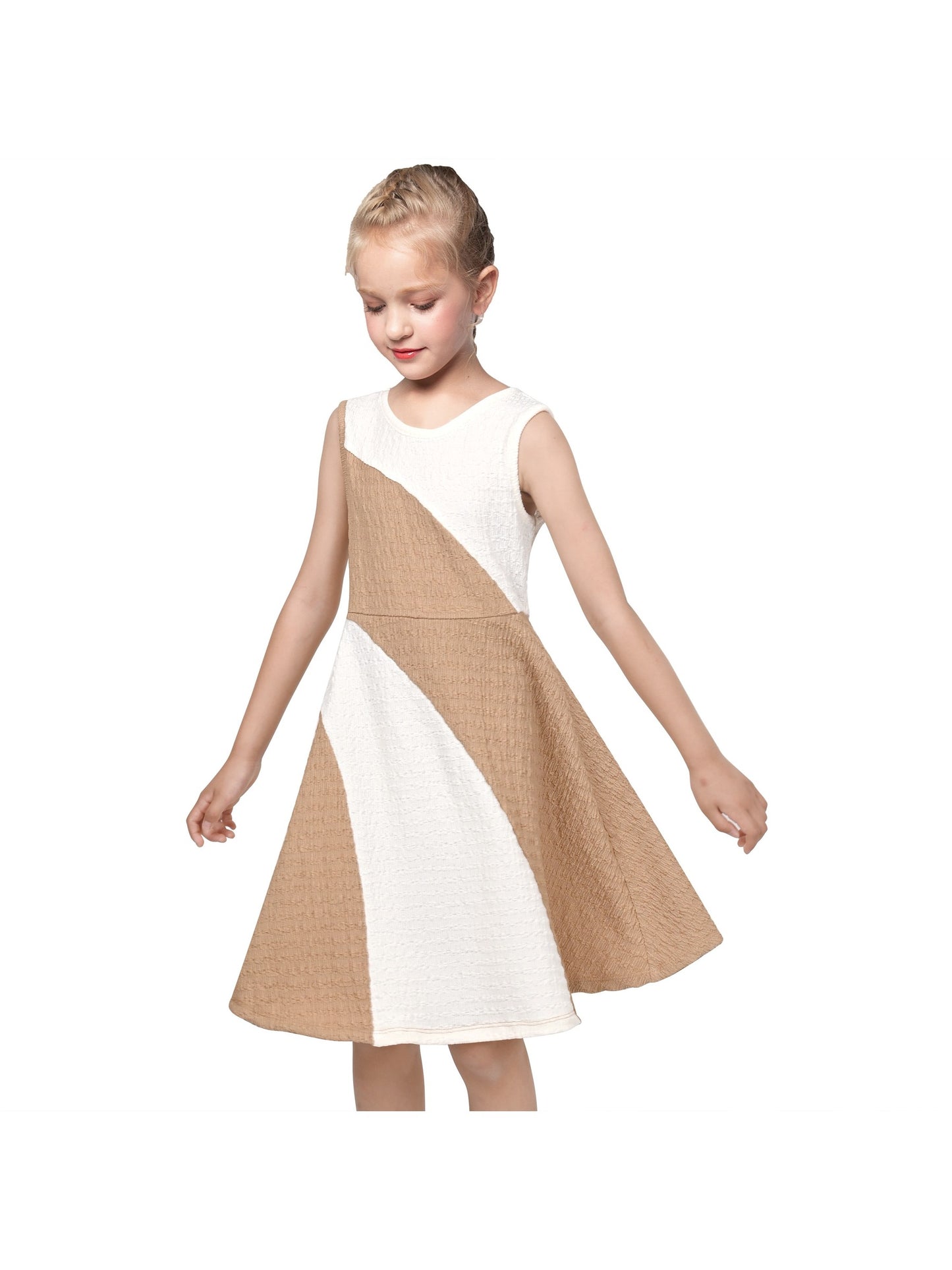 Girls Dress Brown Color Block Contrast Sleeveless School Casual Elegant Brown