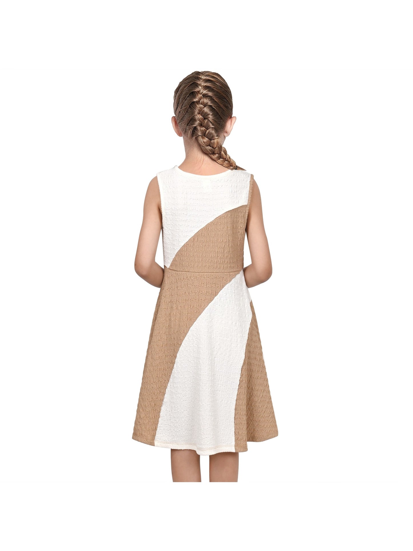 Girls Dress Brown Color Block Contrast Sleeveless School Casual Elegant Brown