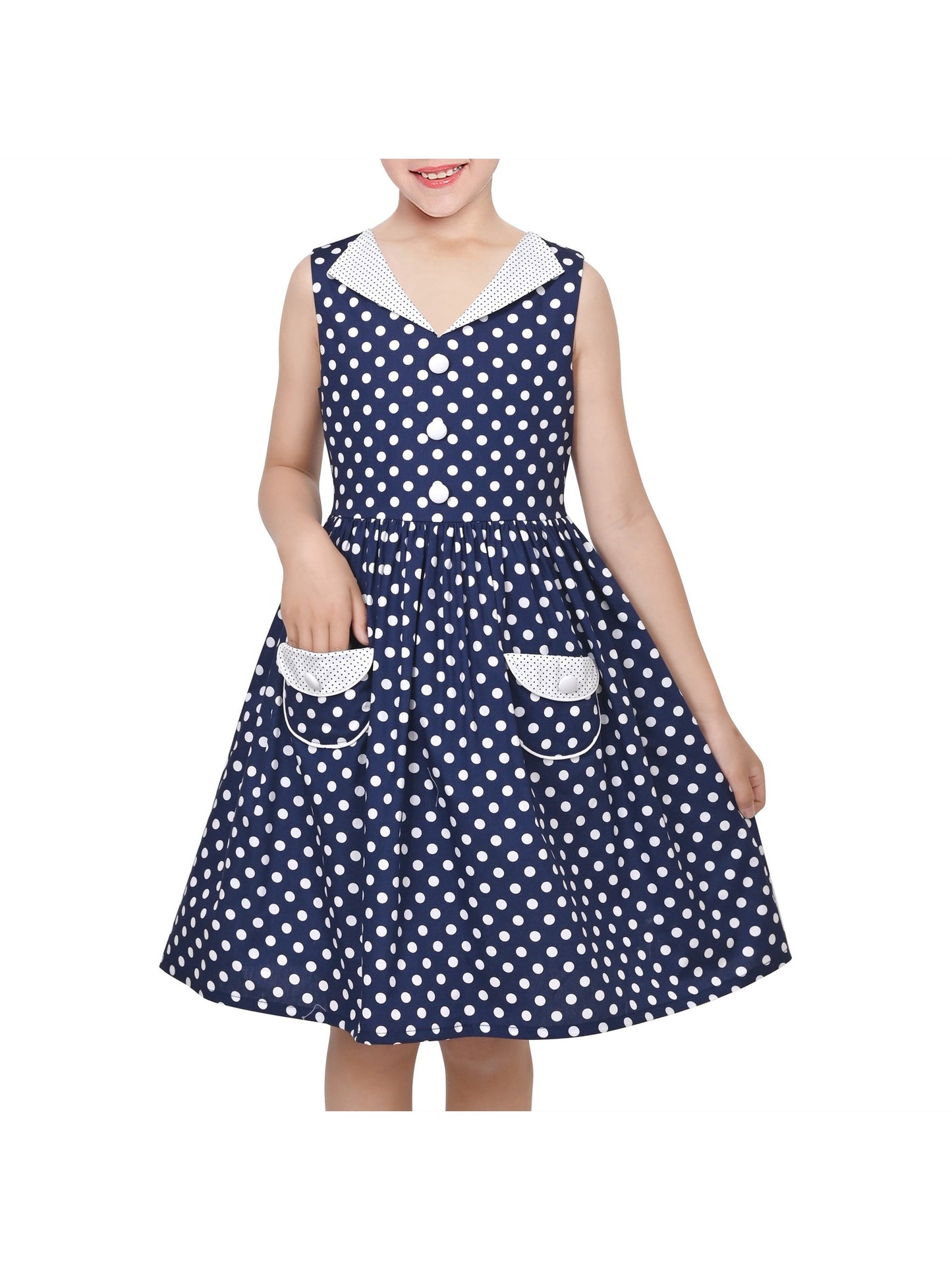 Girls Dress Pink Polka Dot Pocket Button School Summer Sleeveless Cotton Blue