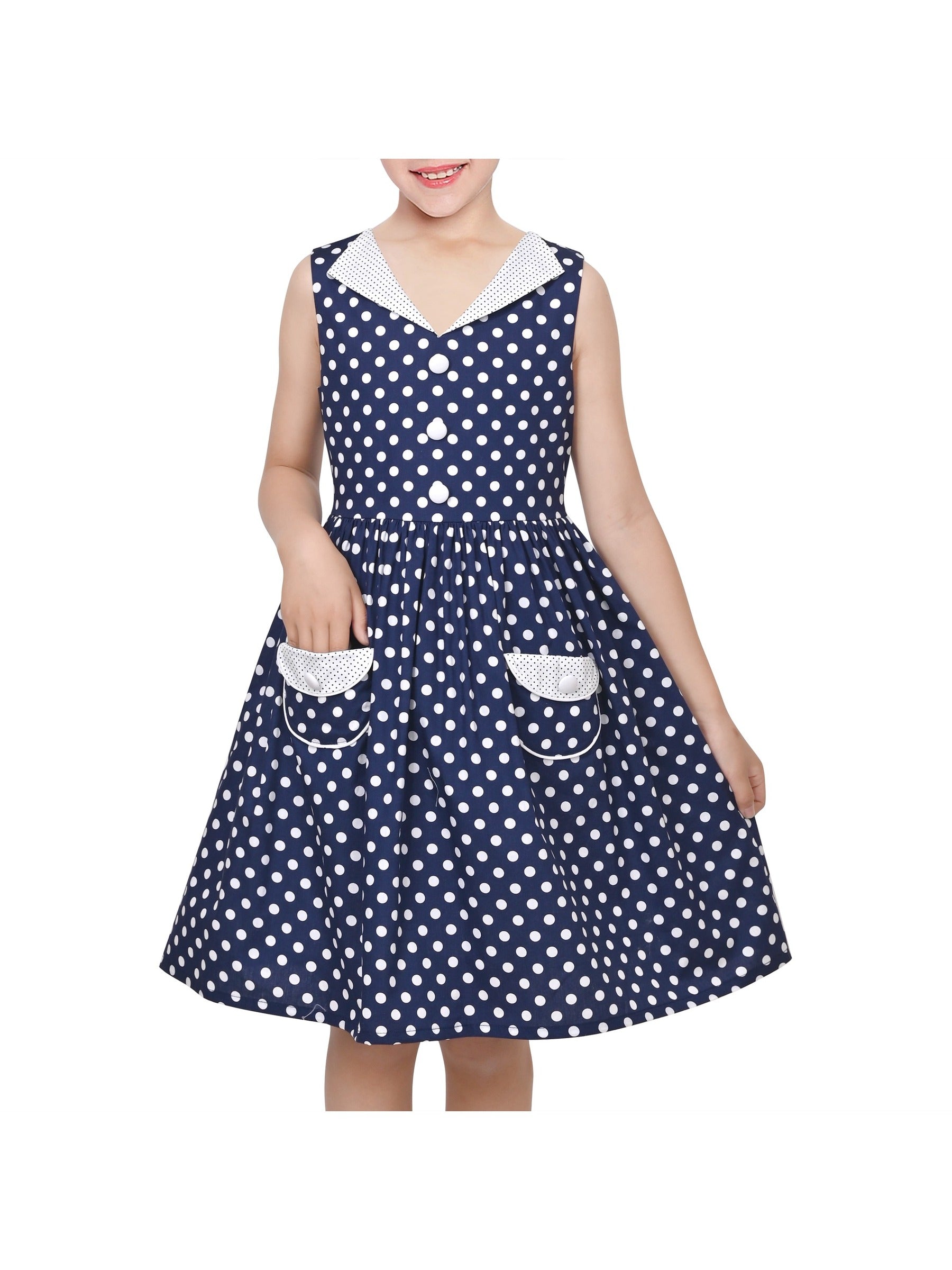 Girls Dress Pink Polka Dot Pocket Button School Summer Sleeveless Cotton Blue