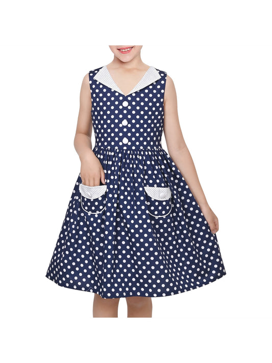 Girls Dress Pink Polka Dot Pocket Button School Summer Sleeveless Cotton Blue