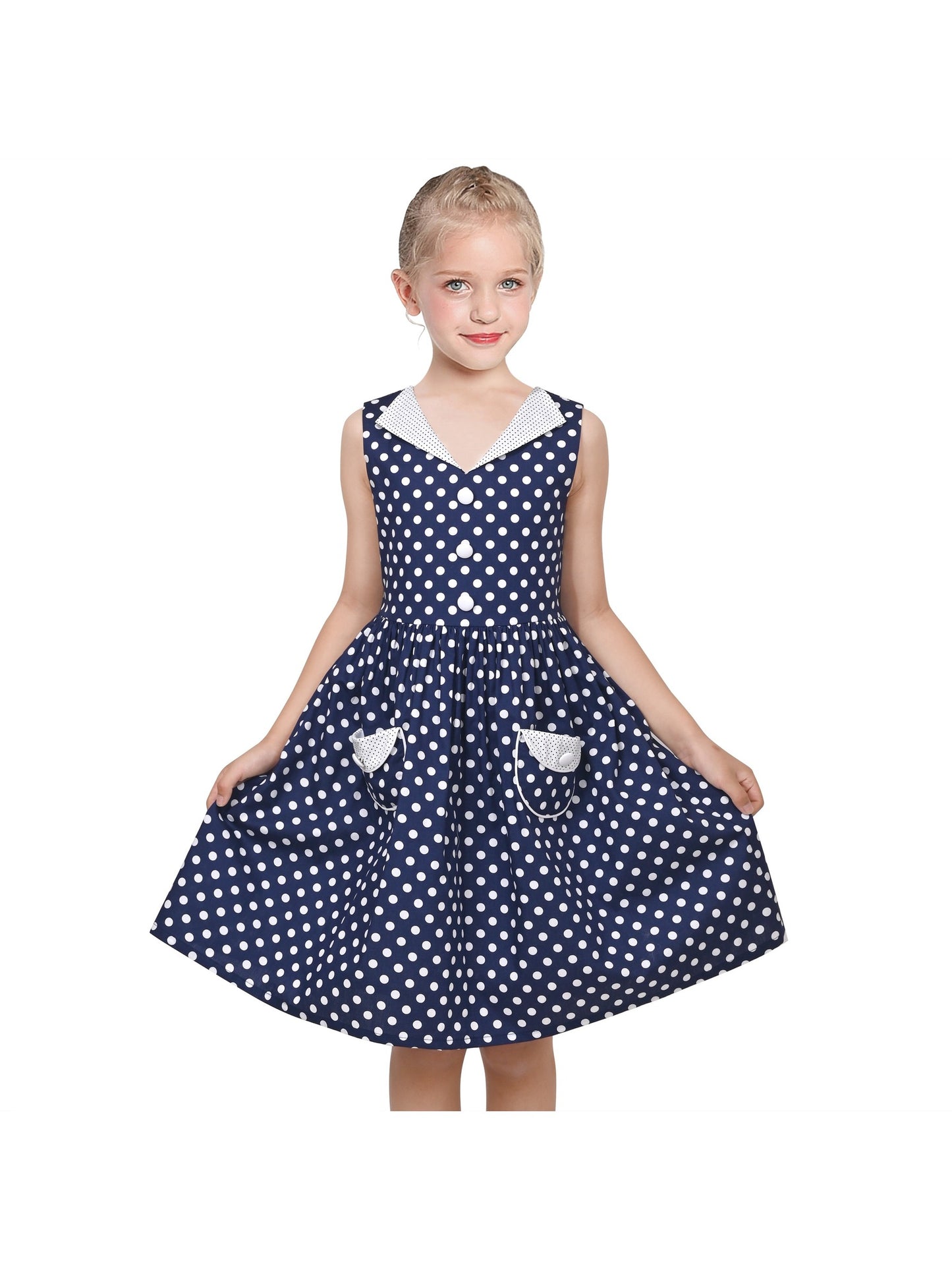 Girls Dress Pink Polka Dot Pocket Button School Summer Sleeveless Cotton Blue