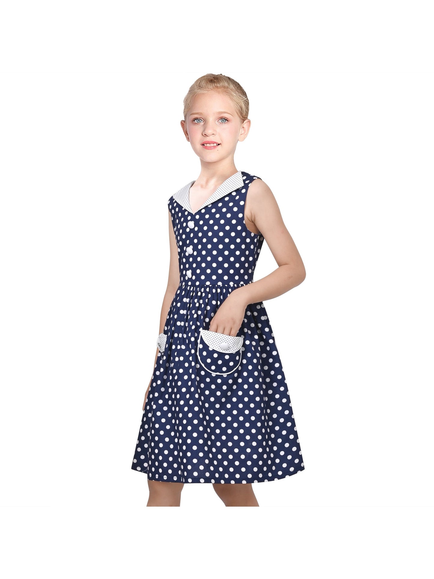 Girls Dress Pink Polka Dot Pocket Button School Summer Sleeveless Cotton Blue