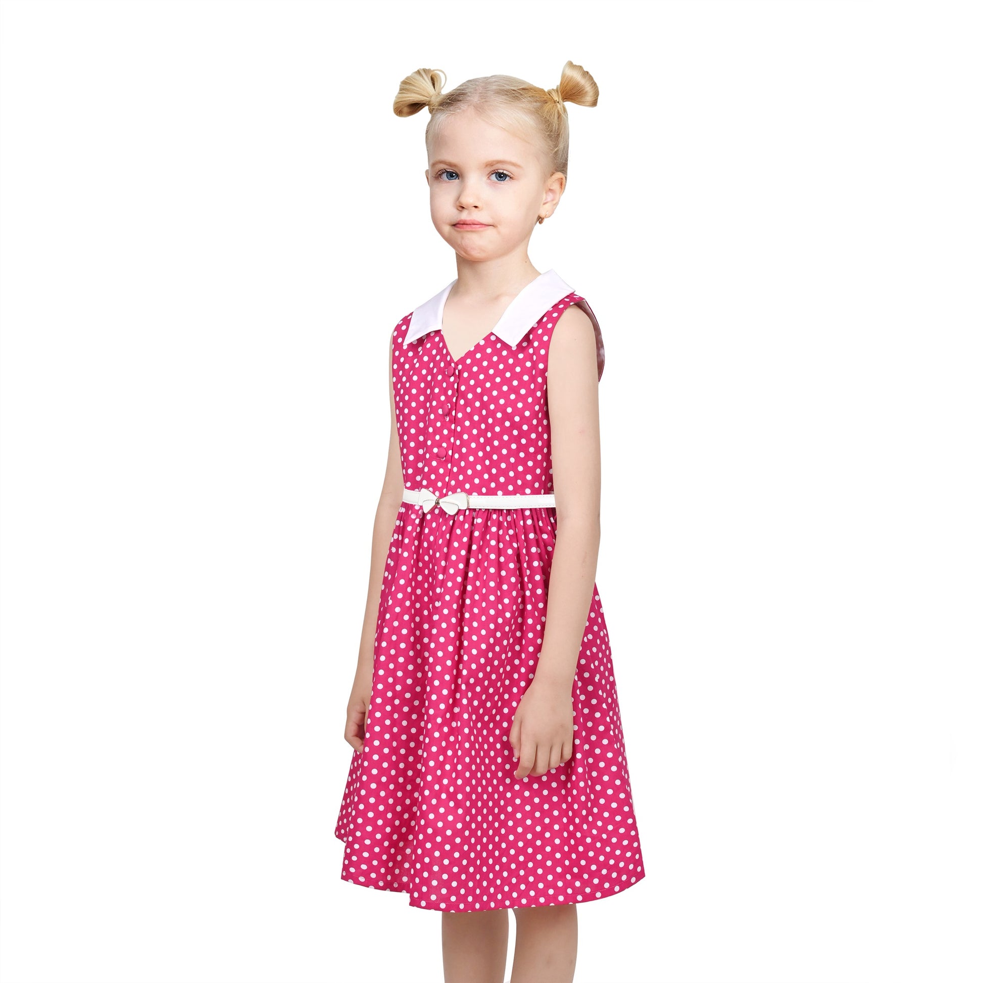 Girls Dress Pink Polka Dot Pocket Button School Summer Sleeveless Cotton Pink