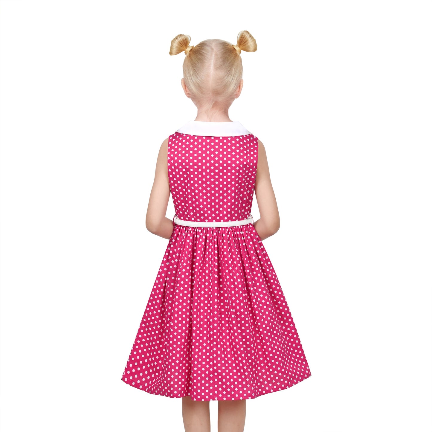 Girls Dress Pink Polka Dot Pocket Button School Summer Sleeveless Cotton Pink