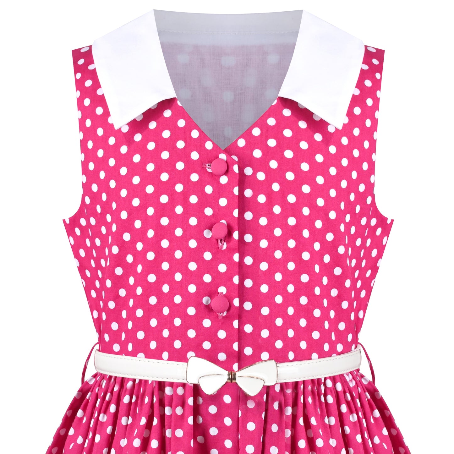 Girls Dress Pink Polka Dot Pocket Button School Summer Sleeveless Cotton Pink