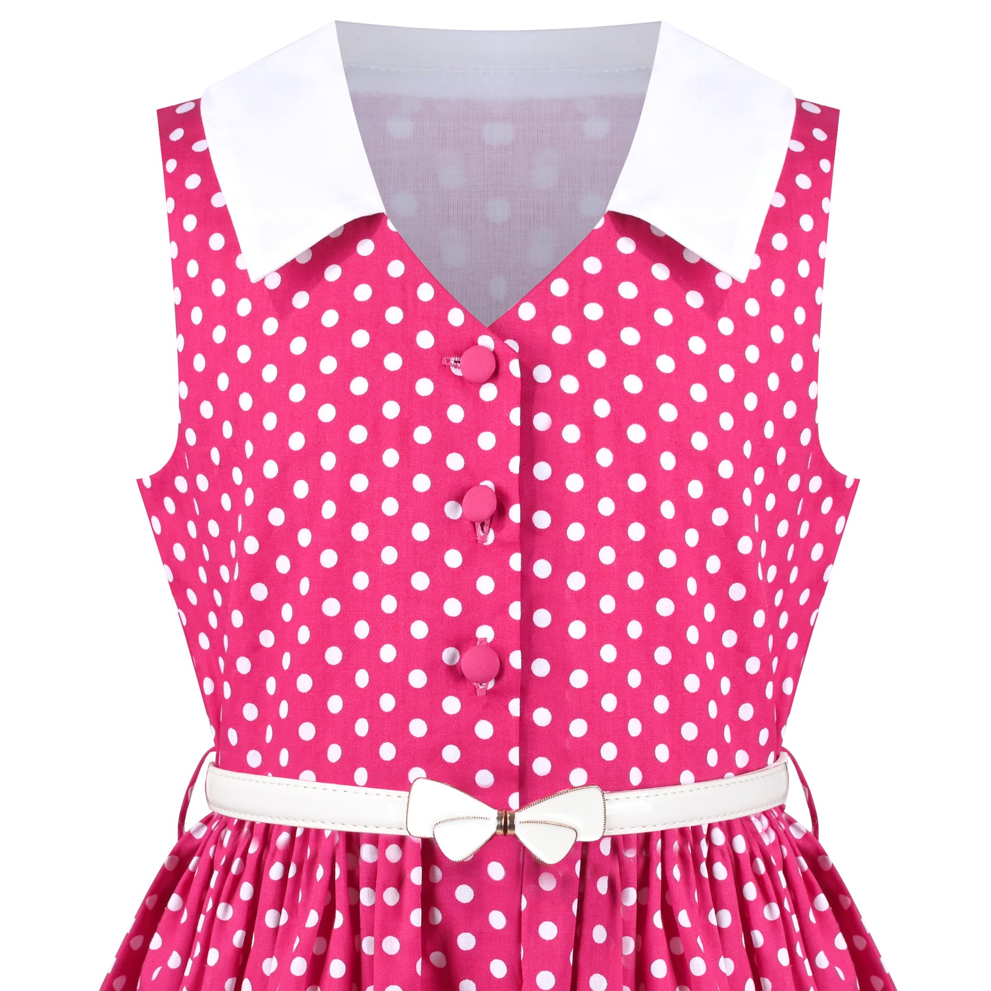 Girls Dress Pink Polka Dot Pocket Button School Summer Sleeveless Cotton Pink
