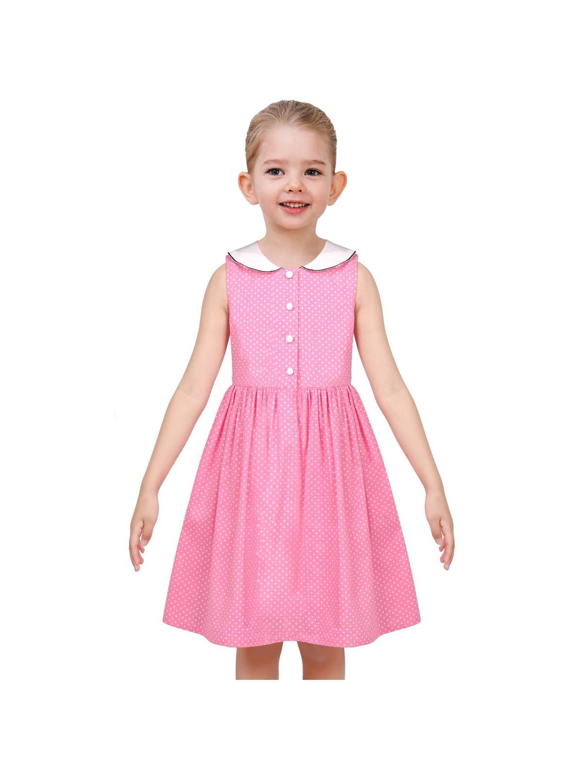 Girls Dress Blue Floral Vintage Ruffle Collar Flutter Flare Sleeve - Pink Polka Dot