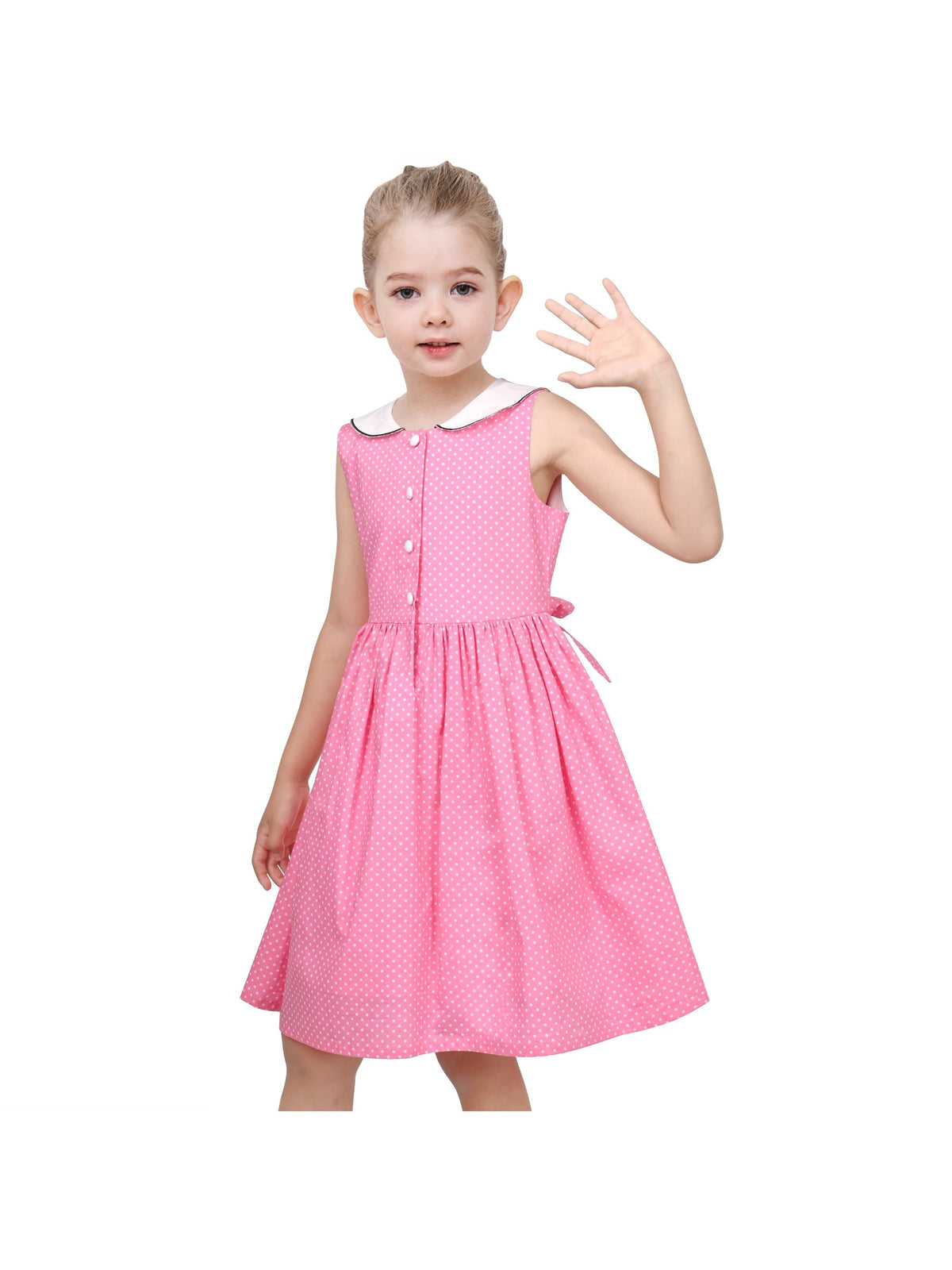 Girls Dress Blue Floral Vintage Ruffle Collar Flutter Flare Sleeve - Pink Polka Dot