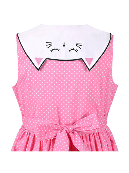 Girls Dress Blue Floral Vintage Ruffle Collar Flutter Flare Sleeve - Pink Polka Dot