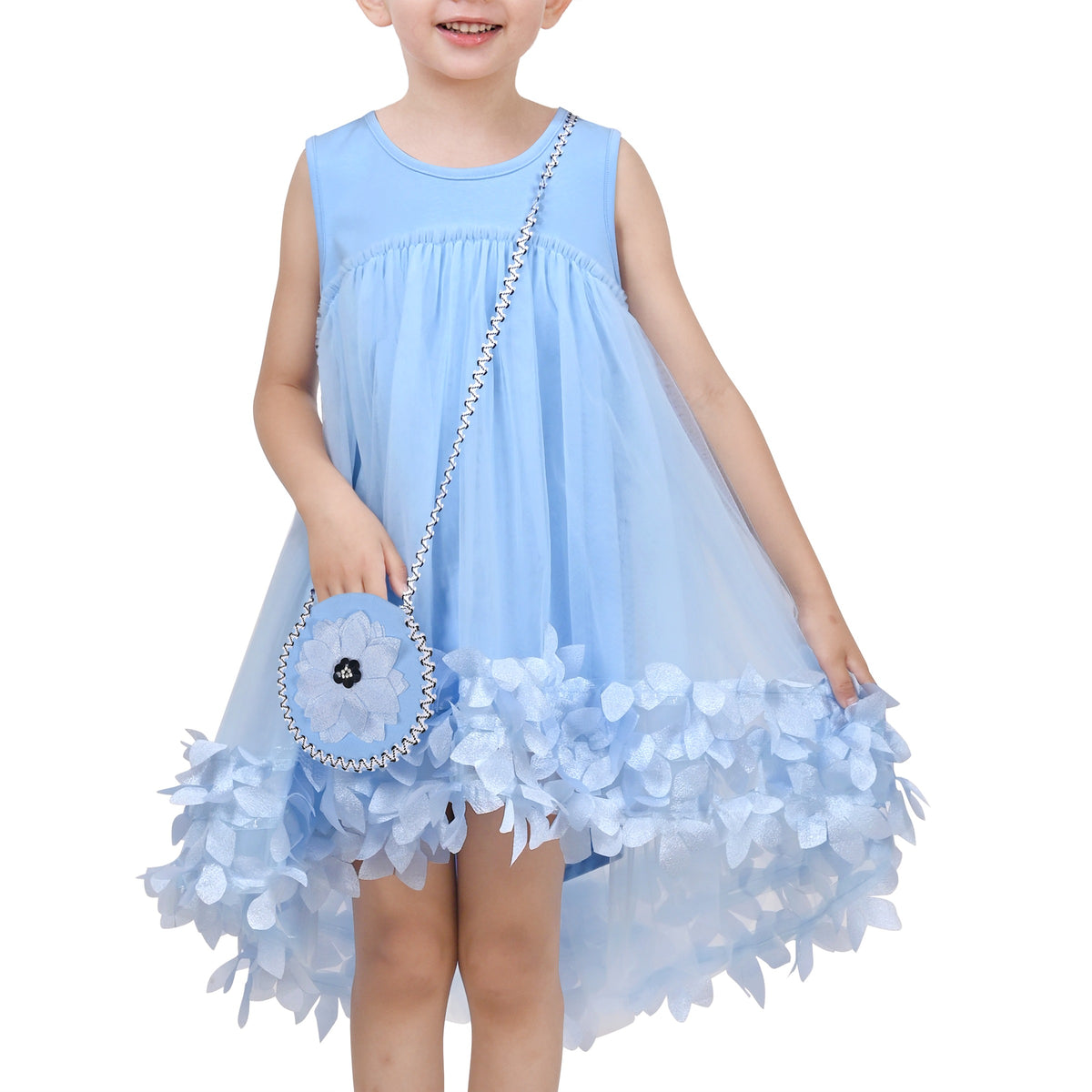 Girls Dress Turquoise Dimensional Flower Birthday Wedding Dress - Sky Blue Bag