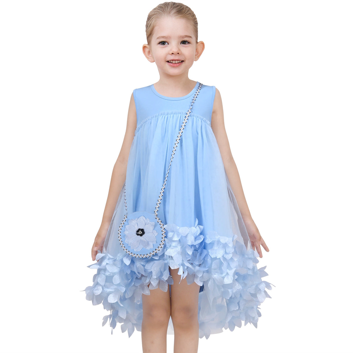 Girls Dress Turquoise Dimensional Flower Birthday Wedding Dress - Sky Blue Bag
