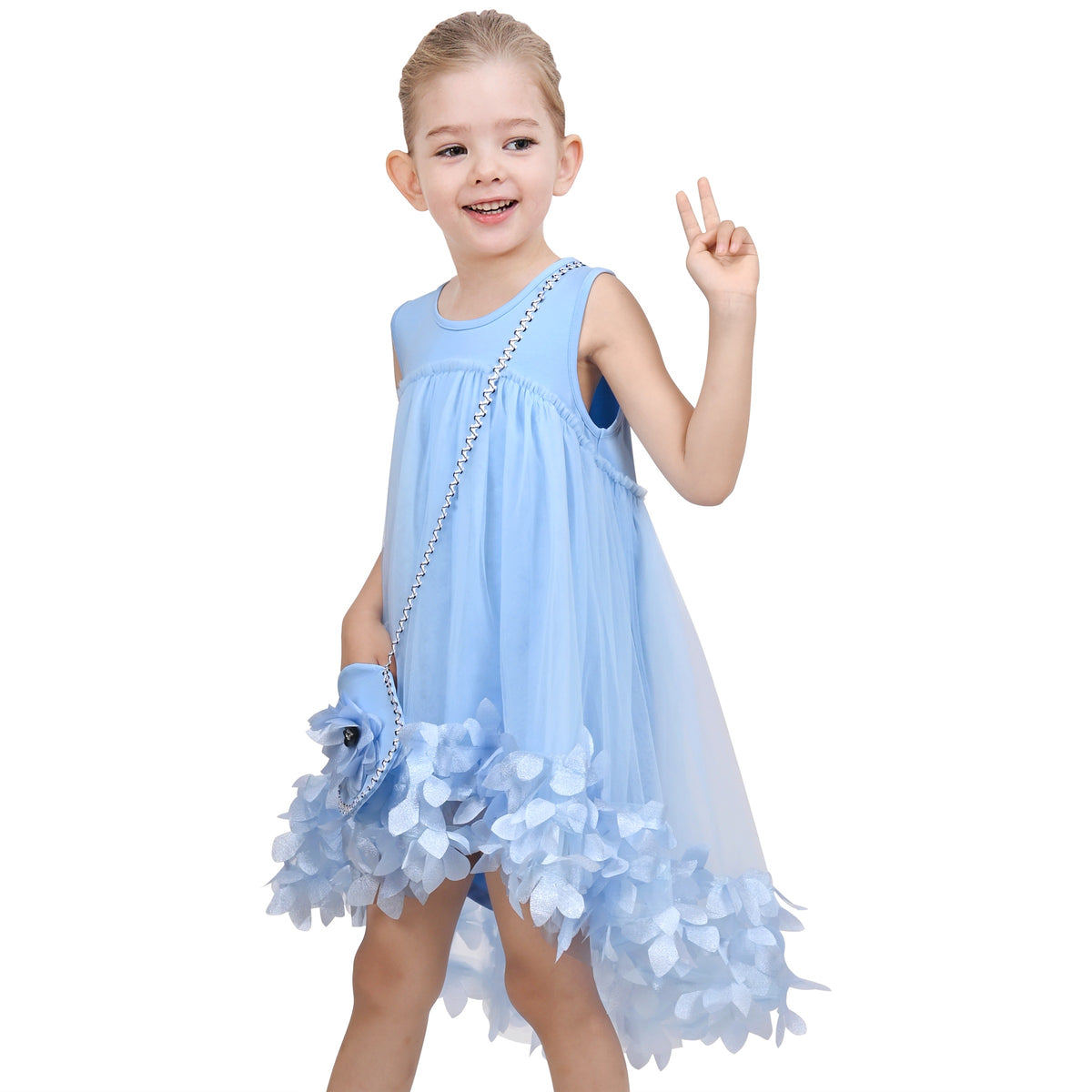 Girls Dress Turquoise Dimensional Flower Birthday Wedding Dress - Sky Blue Bag