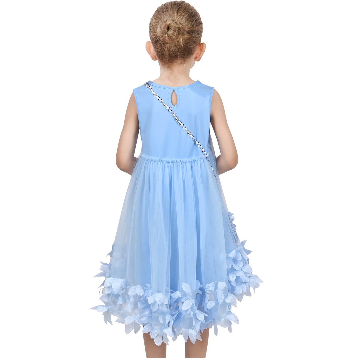 Girls Dress Turquoise Dimensional Flower Birthday Wedding Dress - Sky Blue Bag