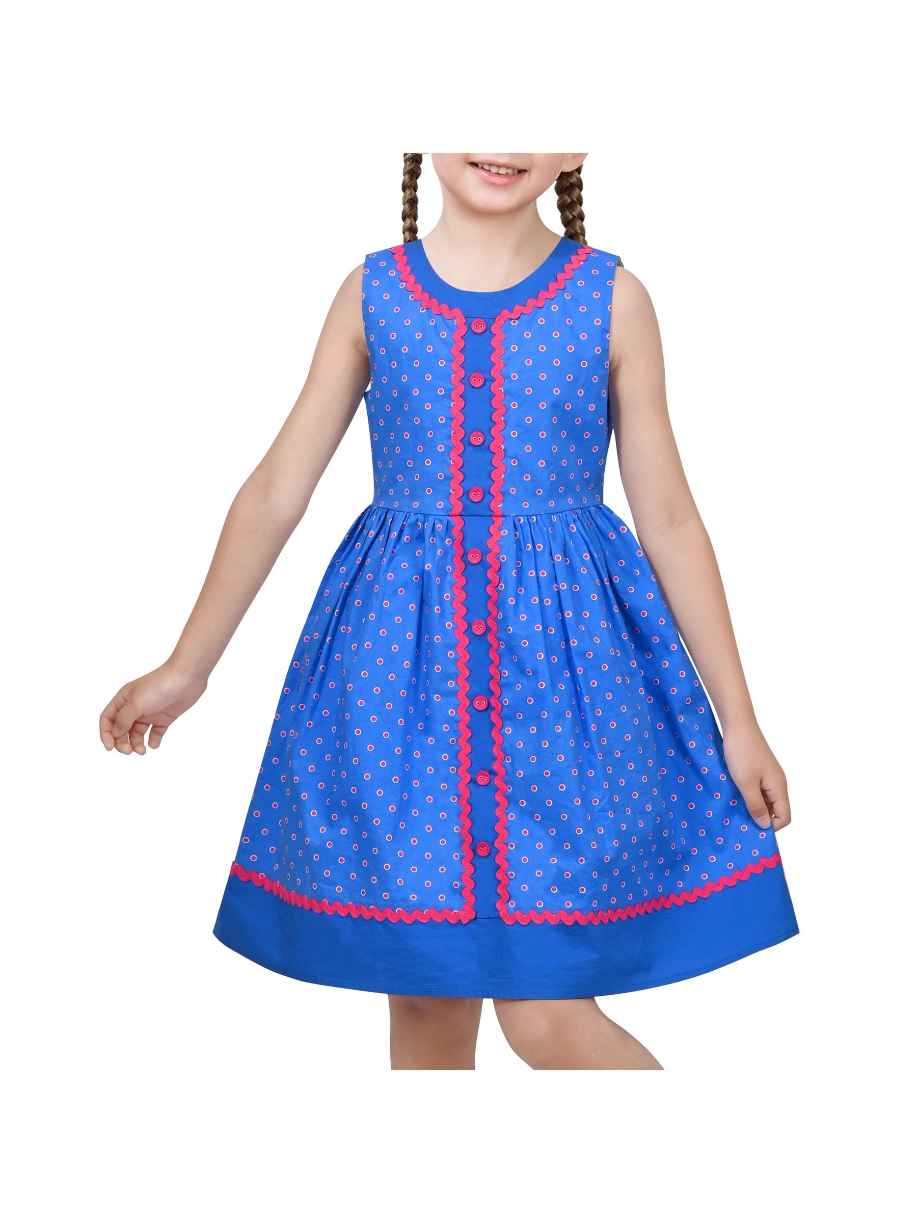 Girls Dress Pink Polka Dot Pocket Button School Summer Sleeveless Cotton Blue