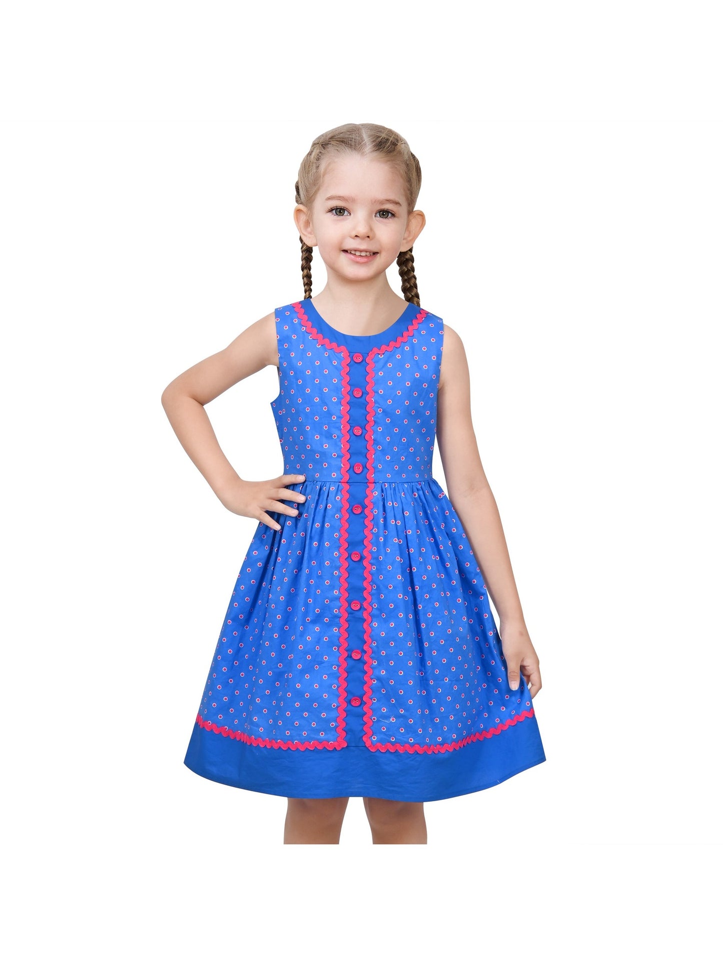 Girls Dress Pink Polka Dot Pocket Button School Summer Sleeveless Cotton Blue