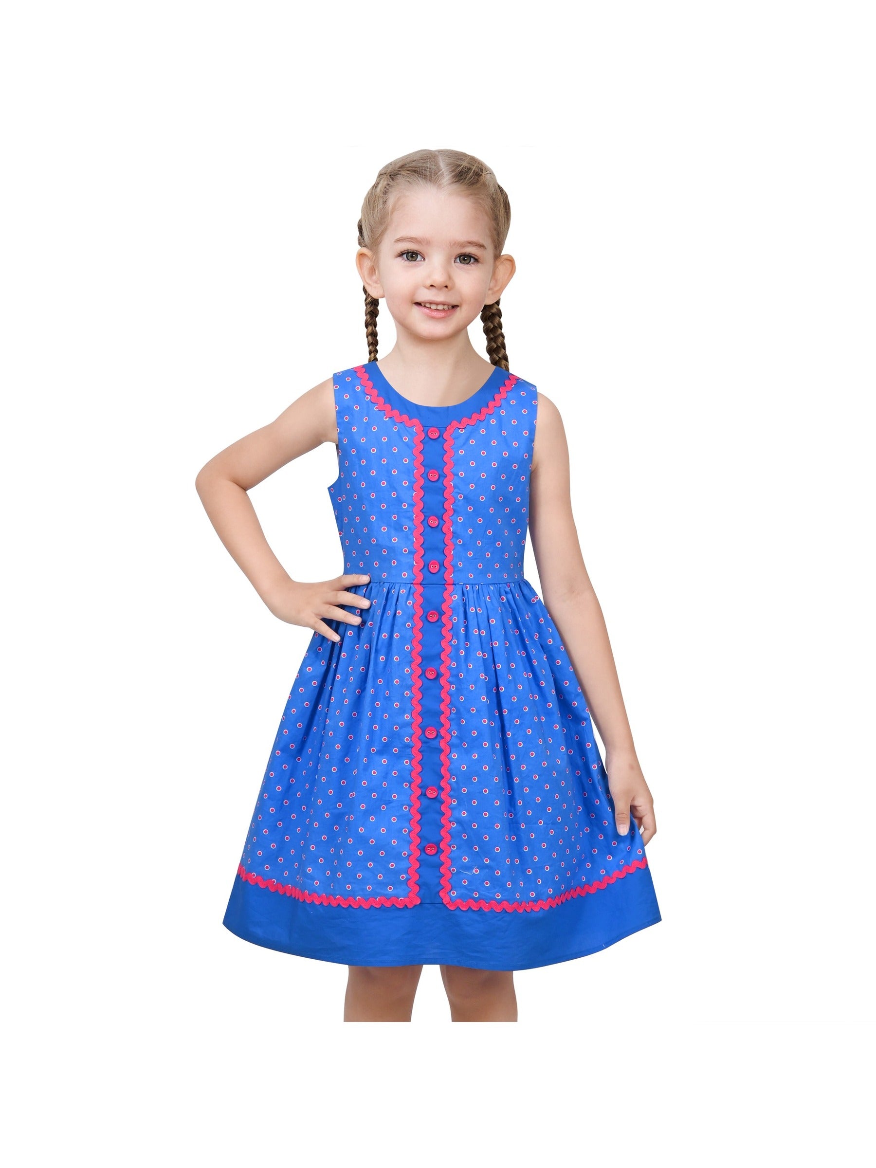 Girls Dress Pink Polka Dot Pocket Button School Summer Sleeveless Cotton Blue