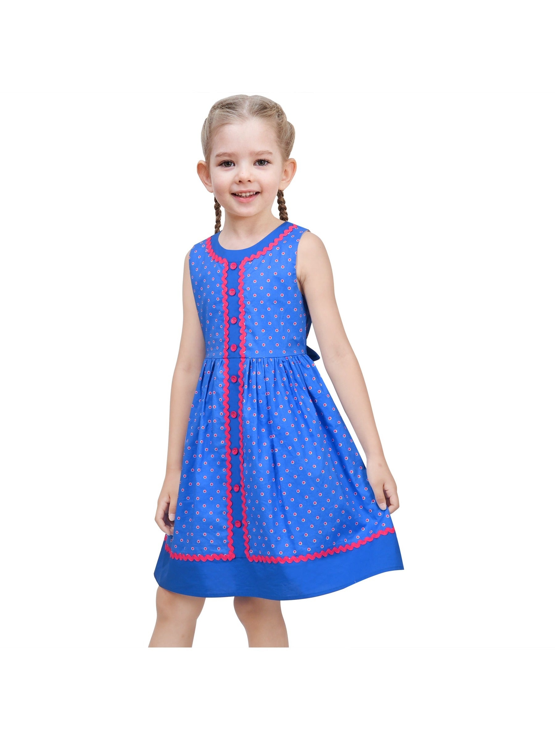 Girls Dress Pink Polka Dot Pocket Button School Summer Sleeveless Cotton Blue