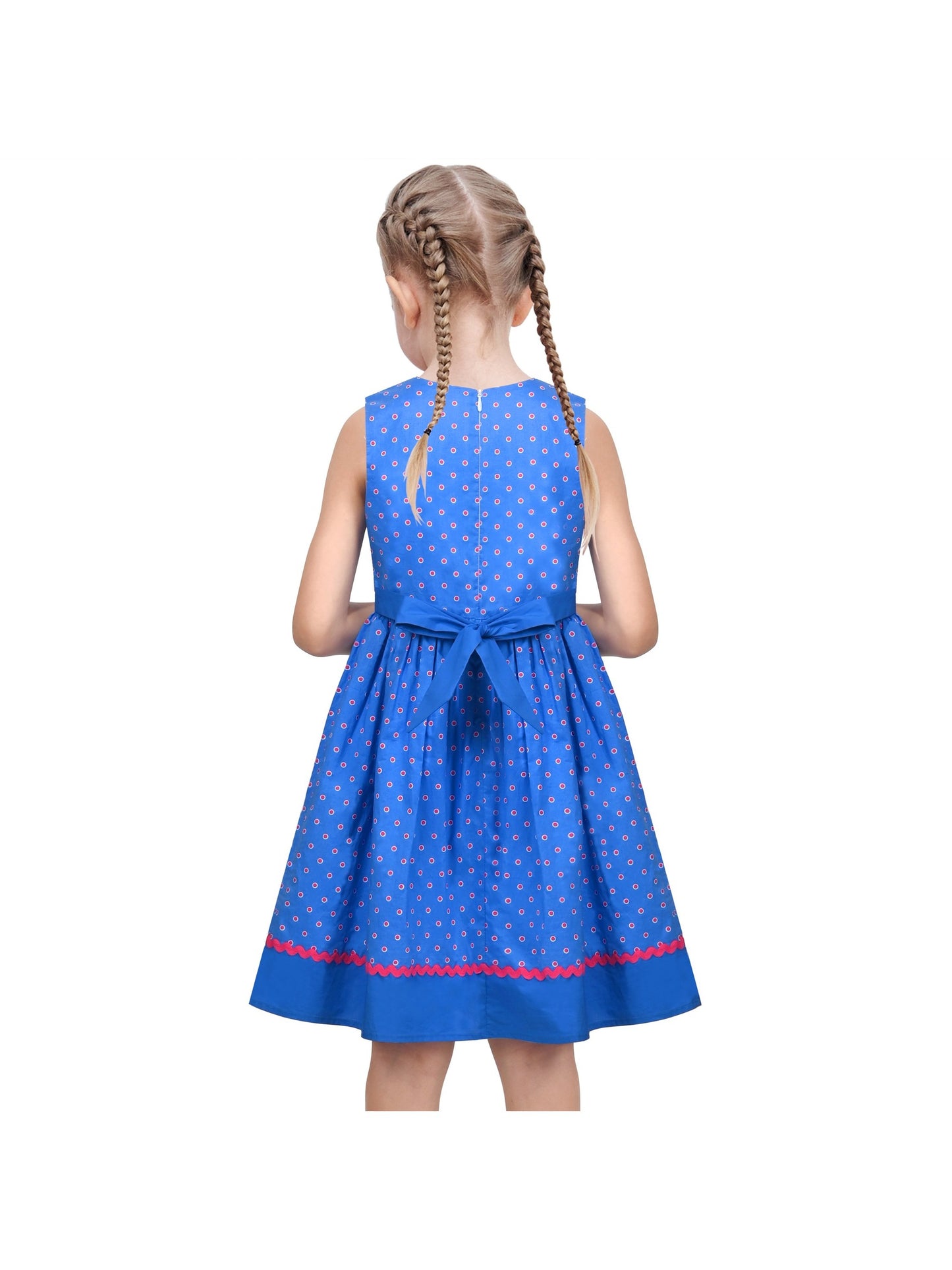 Girls Dress Pink Polka Dot Pocket Button School Summer Sleeveless Cotton Blue