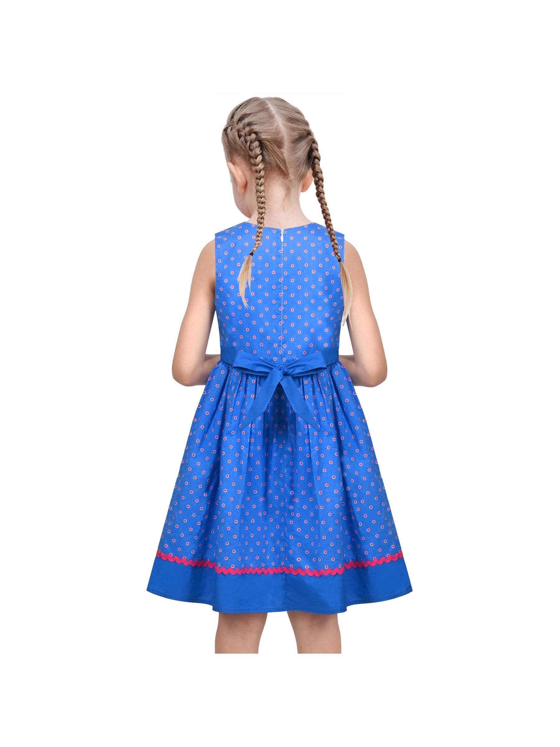 Girls Dress Pink Polka Dot Pocket Button School Summer Sleeveless Cotton Blue
