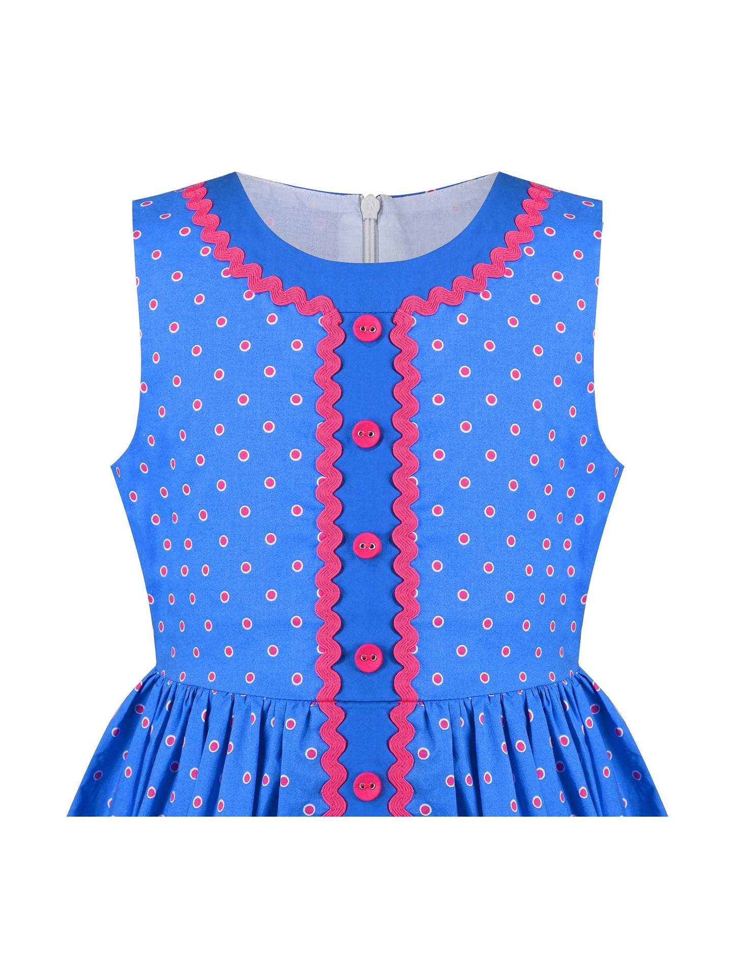 Girls Dress Pink Polka Dot Pocket Button School Summer Sleeveless Cotton Blue