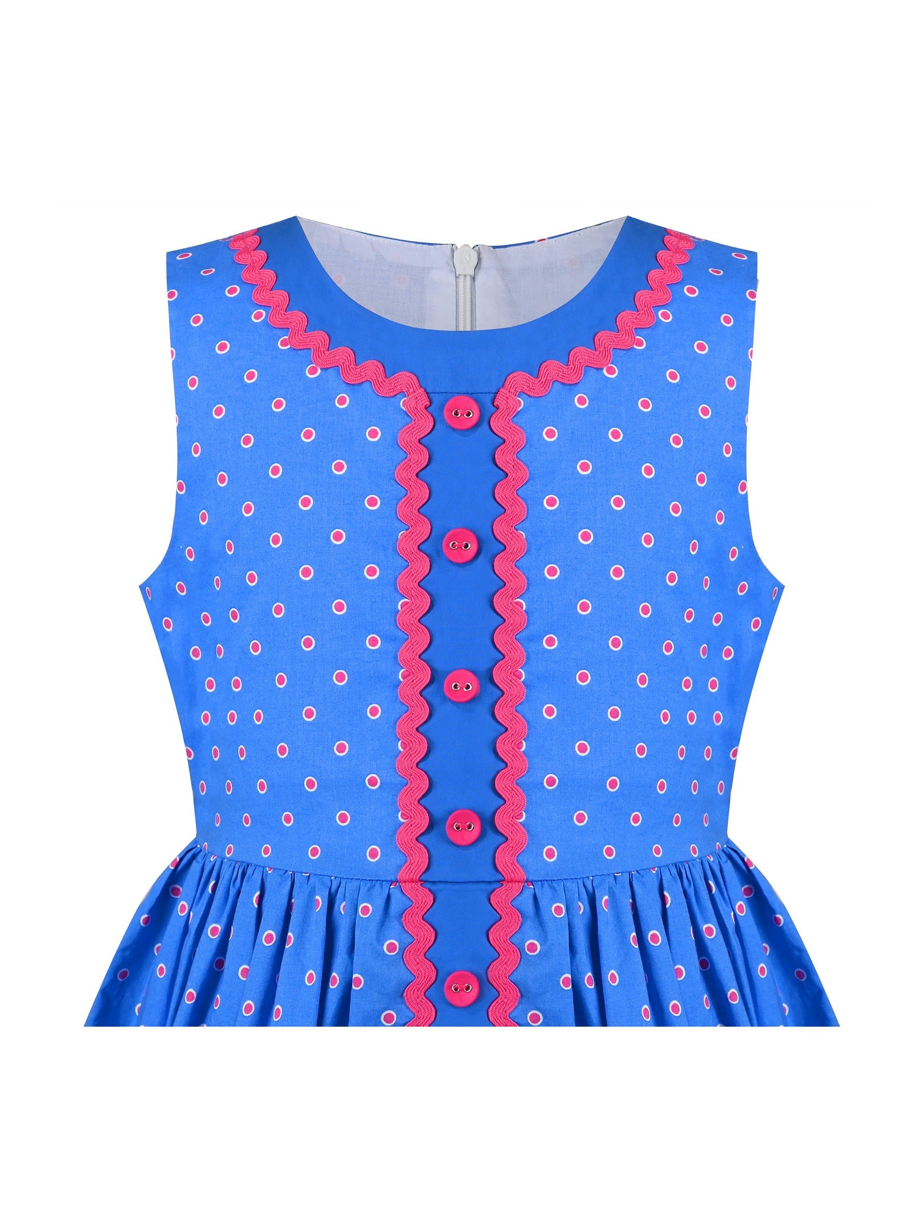 Girls Dress Pink Polka Dot Pocket Button School Summer Sleeveless Cotton Blue