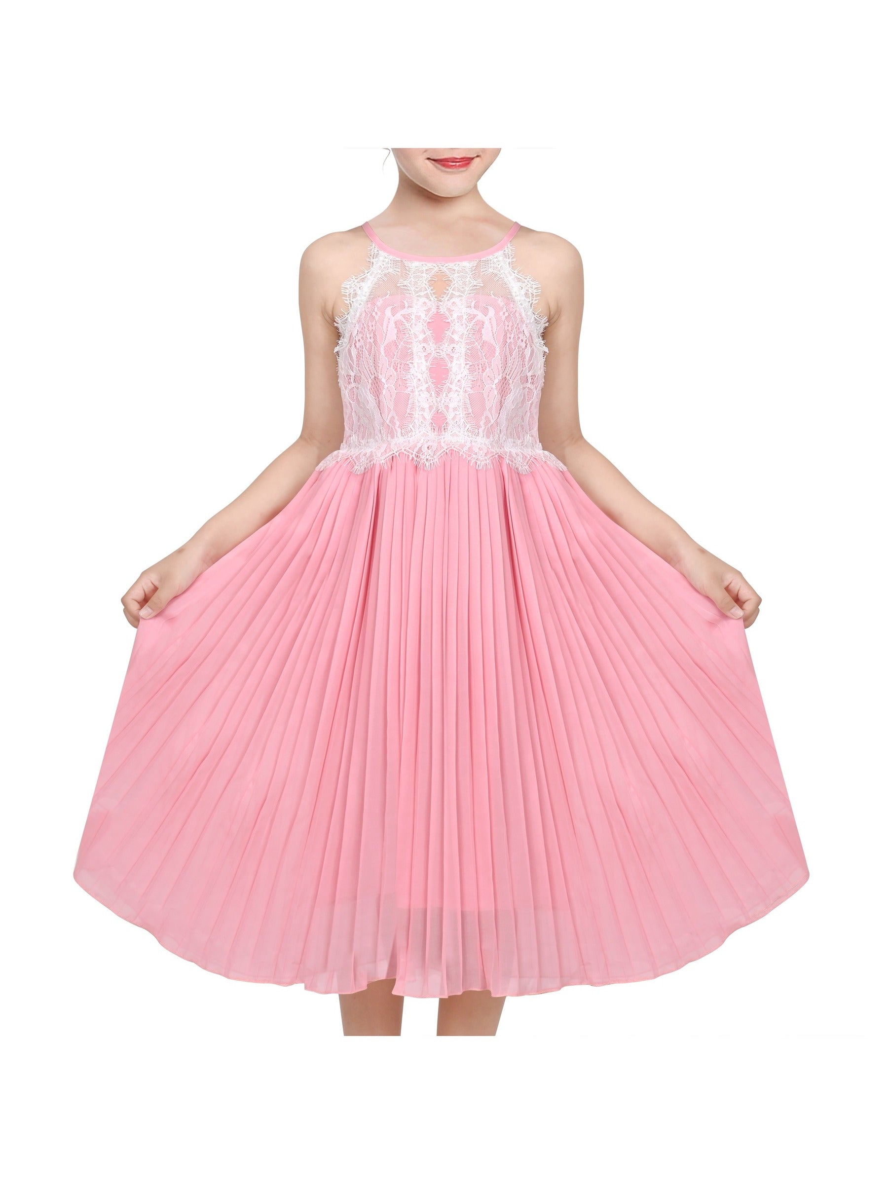 Girls Dress Coffee Halter Princess Lace Pleated Party Wedding Pageant Pink