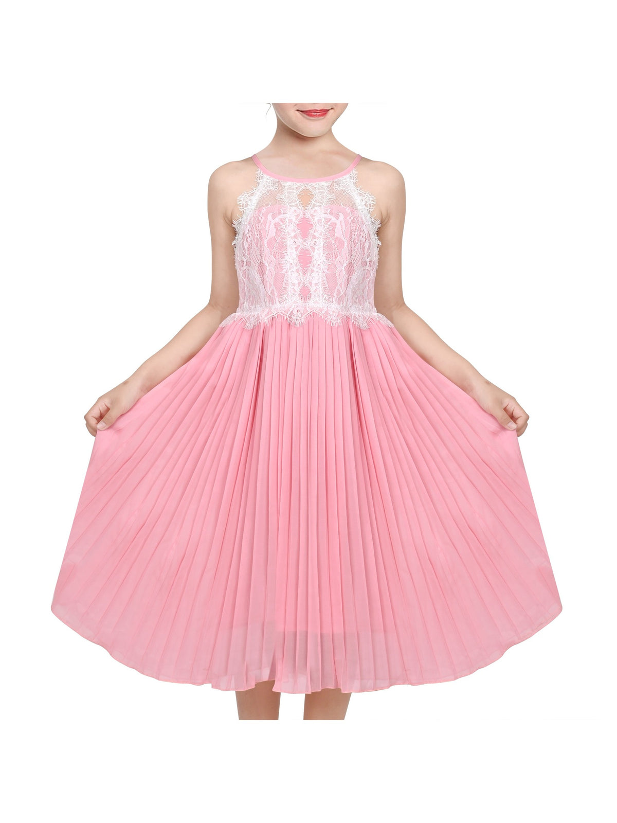 Girls Dress Coffee Halter Princess Lace Pleated Party Wedding Pageant - Pink