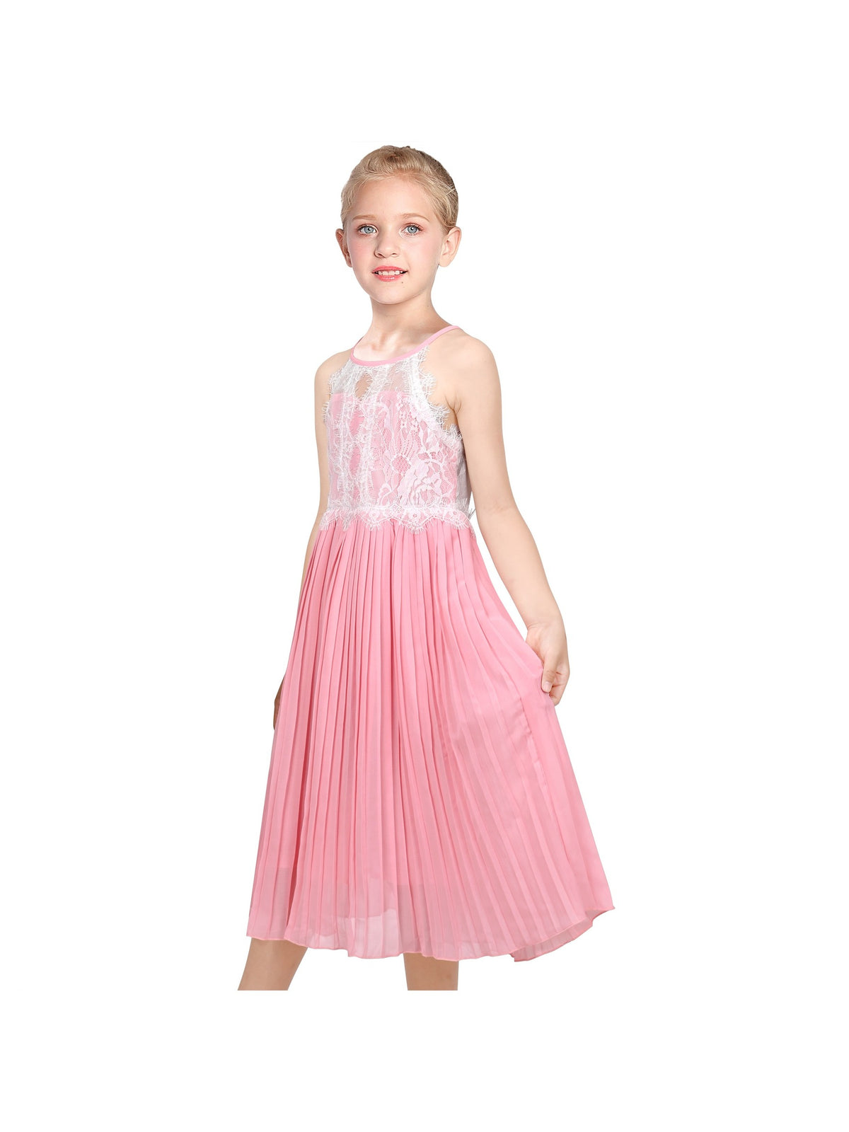 Girls Dress Coffee Halter Princess Lace Pleated Party Wedding Pageant - Pink