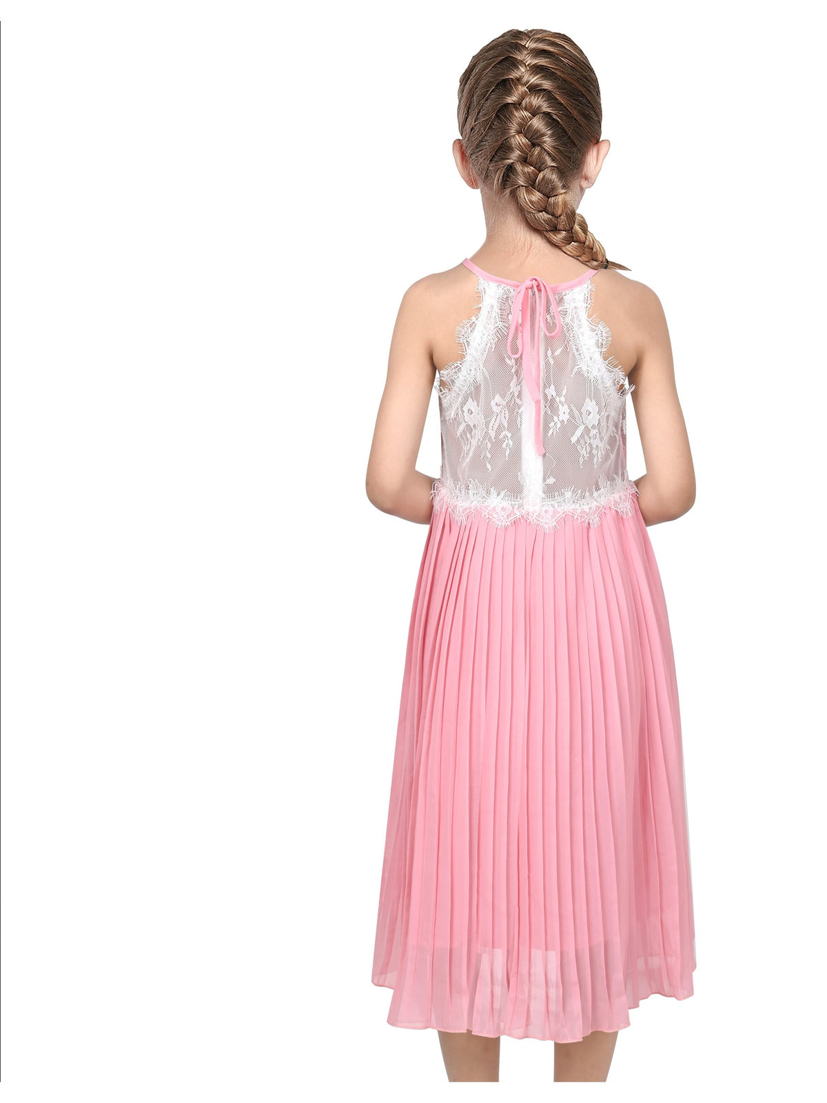 Girls Dress Coffee Halter Princess Lace Pleated Party Wedding Pageant - Pink