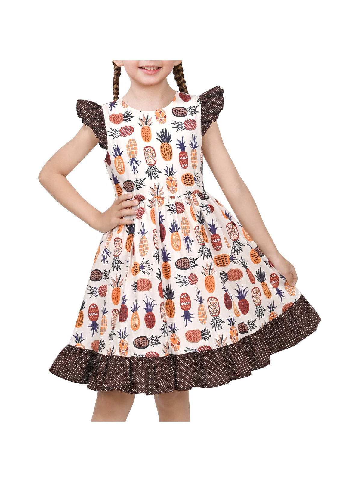 Girls Dress Blue Floral Vintage Ruffle Collar Flutter Flare Sleeve - Brown Fruit
