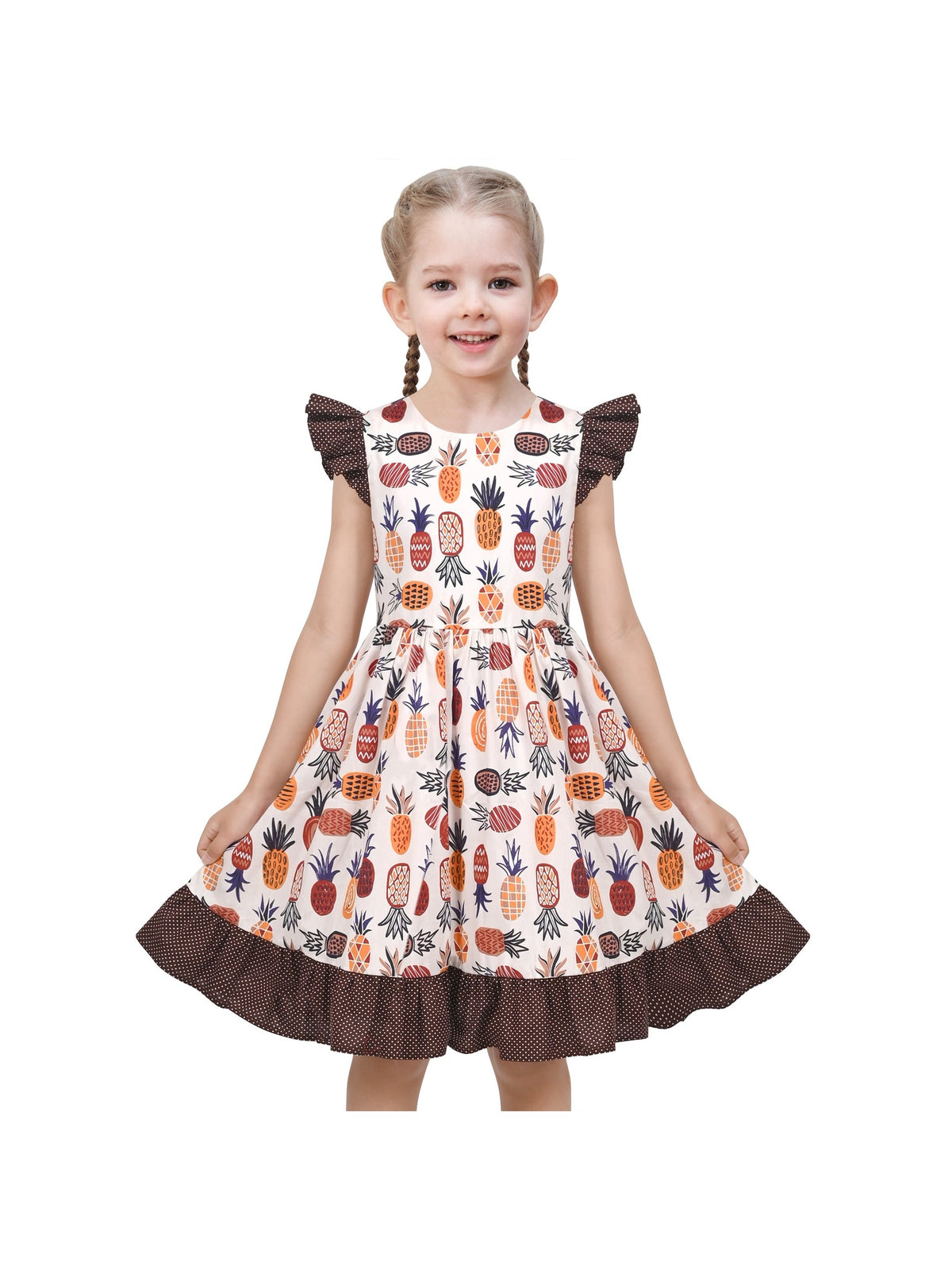 Girls Dress Blue Floral Vintage Ruffle Collar Flutter Flare Sleeve - Brown Fruit