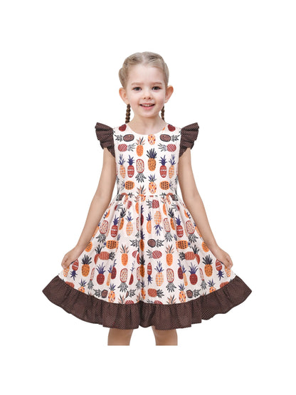 Girls Dress Blue Floral Vintage Ruffle Collar Flutter Flare Sleeve - Brown Fruit