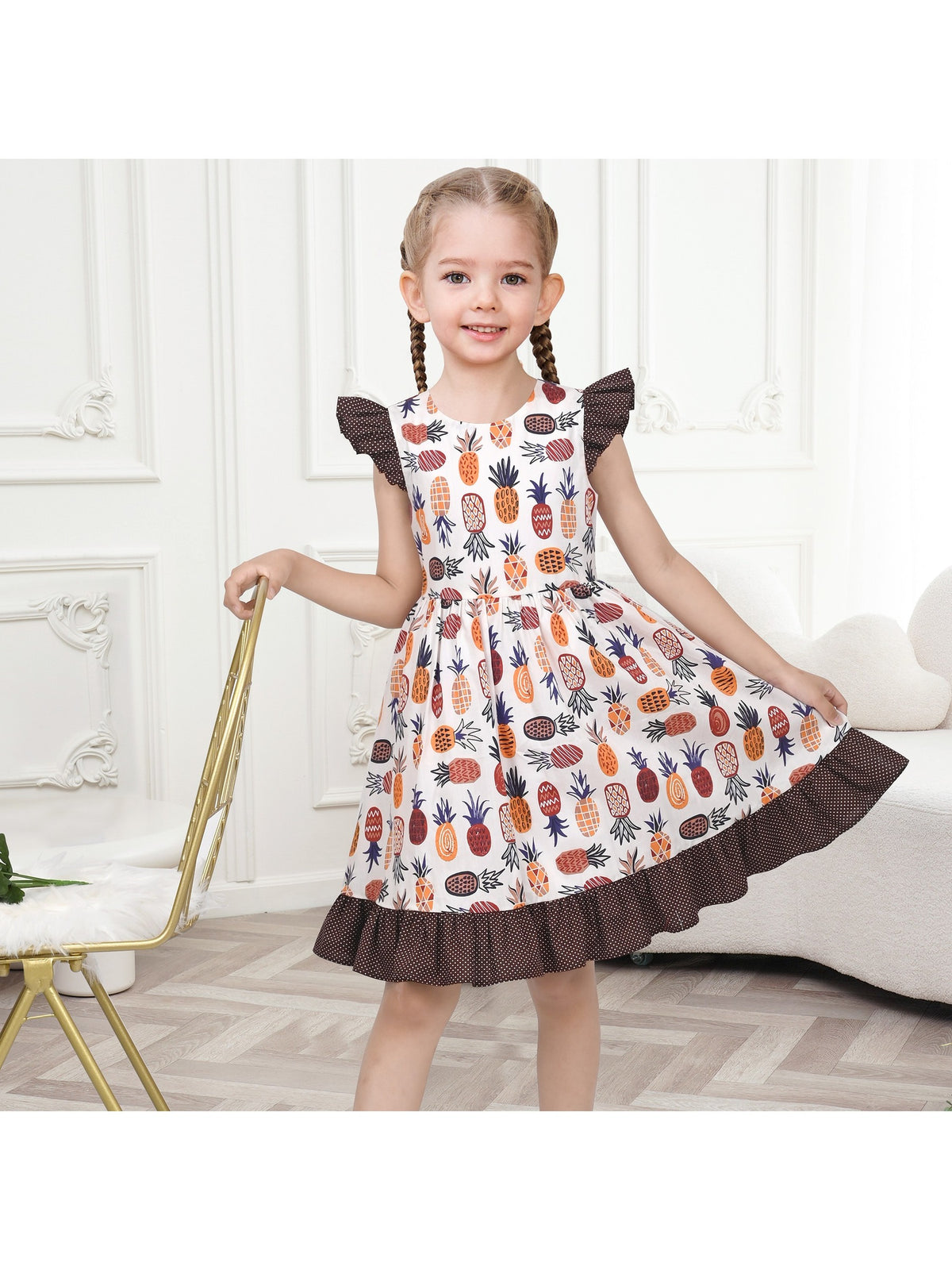 Girls Dress Blue Floral Vintage Ruffle Collar Flutter Flare Sleeve - Brown Fruit