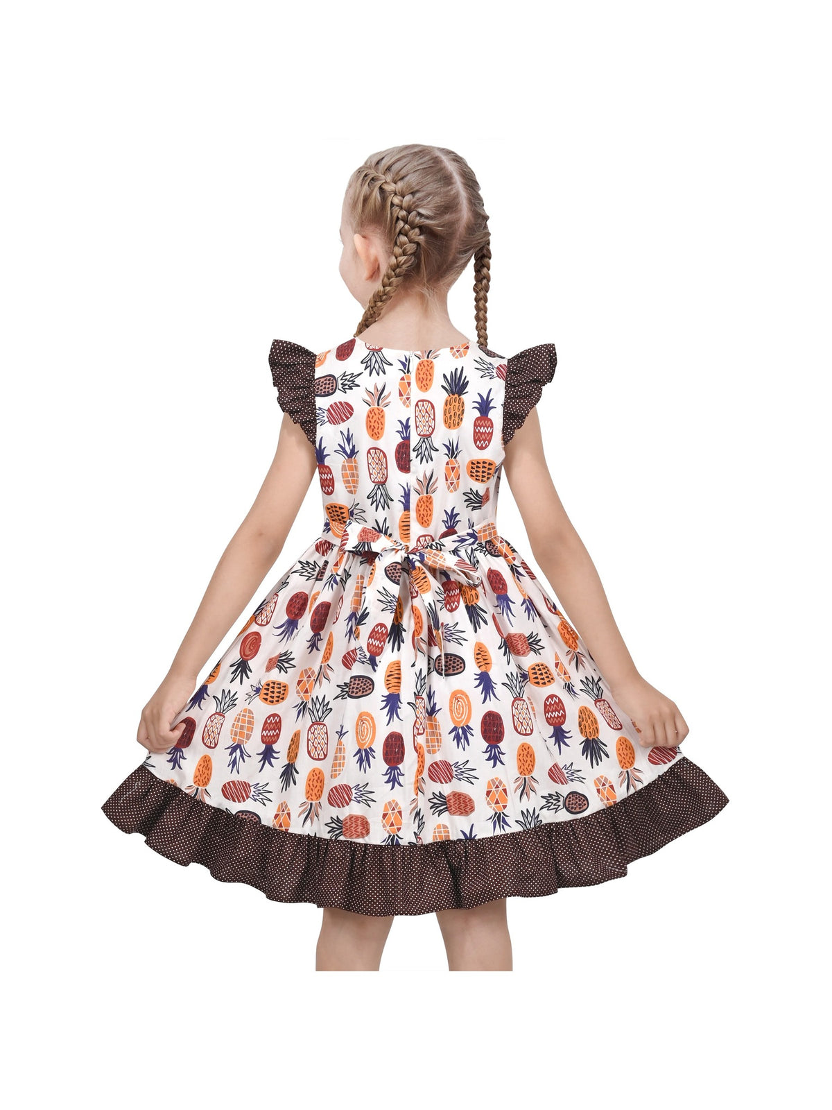 Girls Dress Blue Floral Vintage Ruffle Collar Flutter Flare Sleeve - Brown Fruit