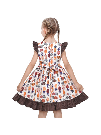 Girls Dress Blue Floral Vintage Ruffle Collar Flutter Flare Sleeve - Brown Fruit