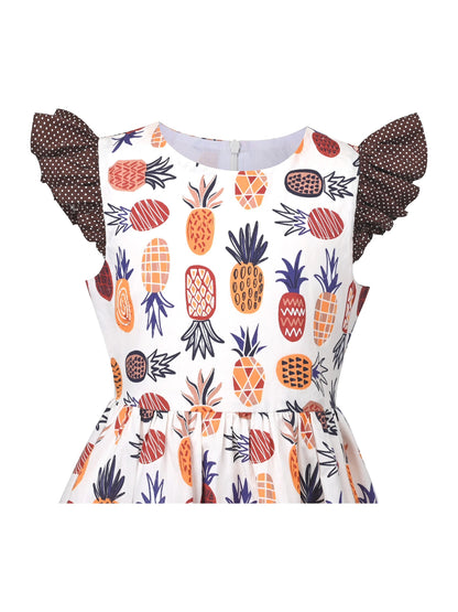 Girls Dress Blue Floral Vintage Ruffle Collar Flutter Flare Sleeve - Brown Fruit
