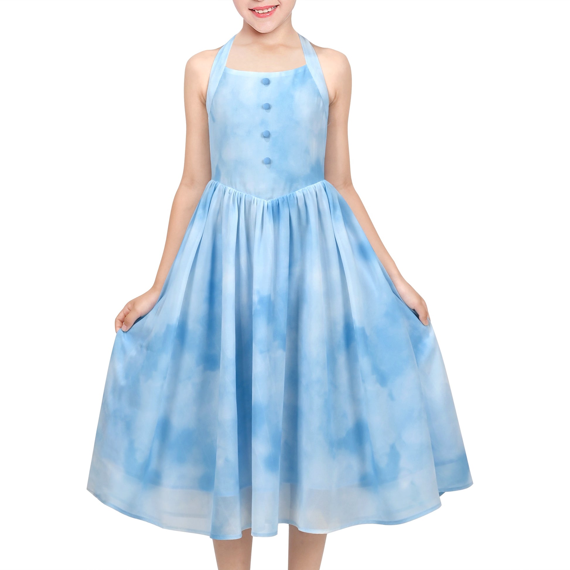 Girls Dress Rose Halter Button Smocked Tie Back Beach Party Chiffon Blue