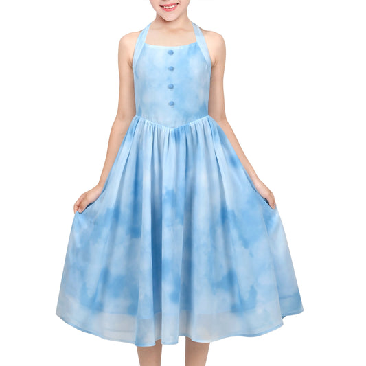 Girls Dress Rose Halter Button Smocked Tie Back Beach Party Chiffon Blue