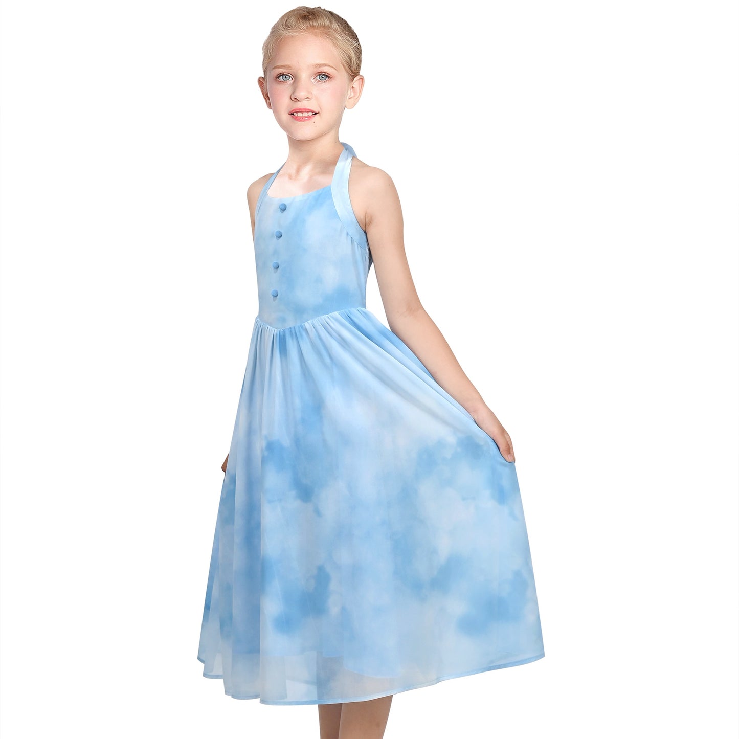 Girls Dress Rose Halter Button Smocked Tie Back Beach Party Chiffon Blue