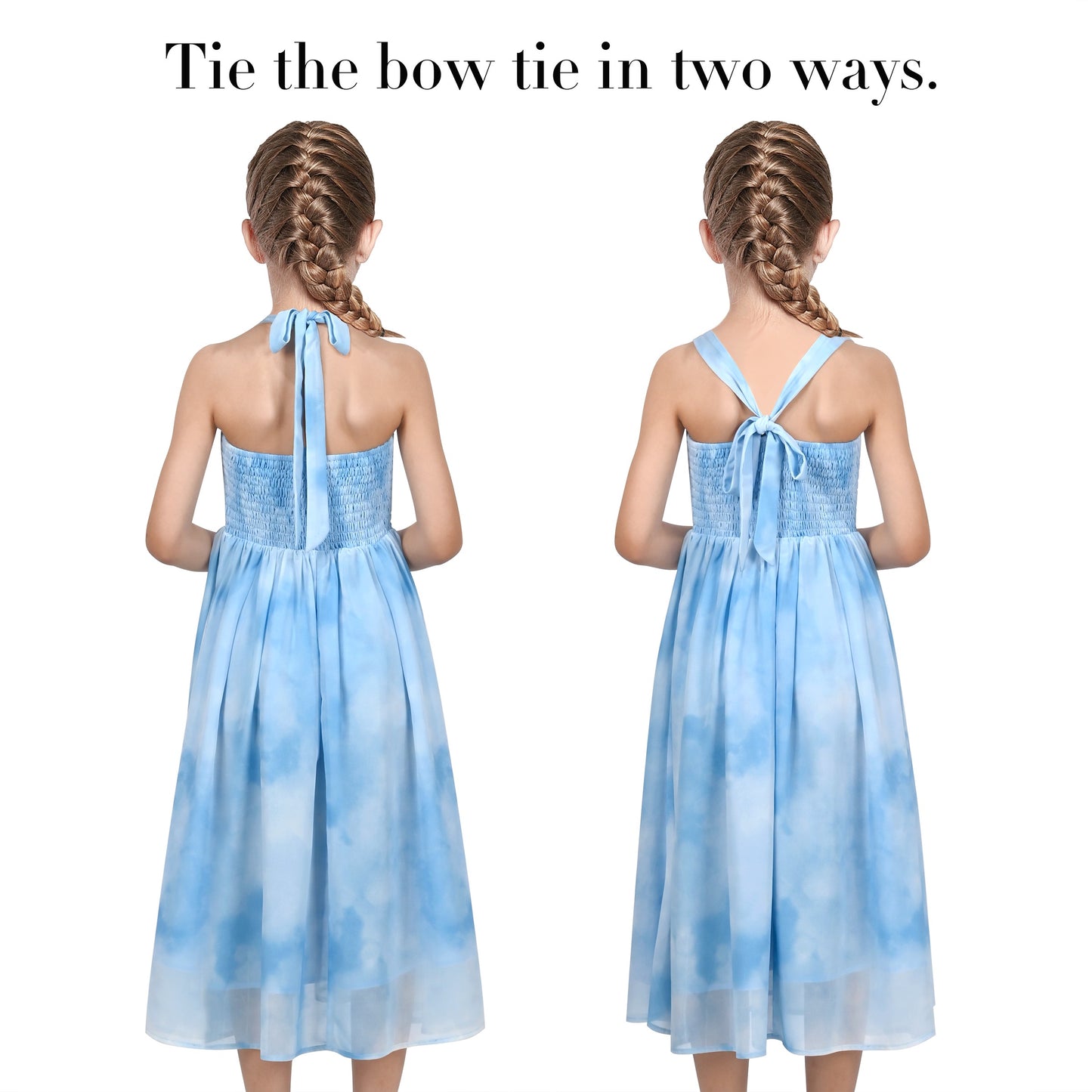 Girls Dress Rose Halter Button Smocked Tie Back Beach Party Chiffon Blue