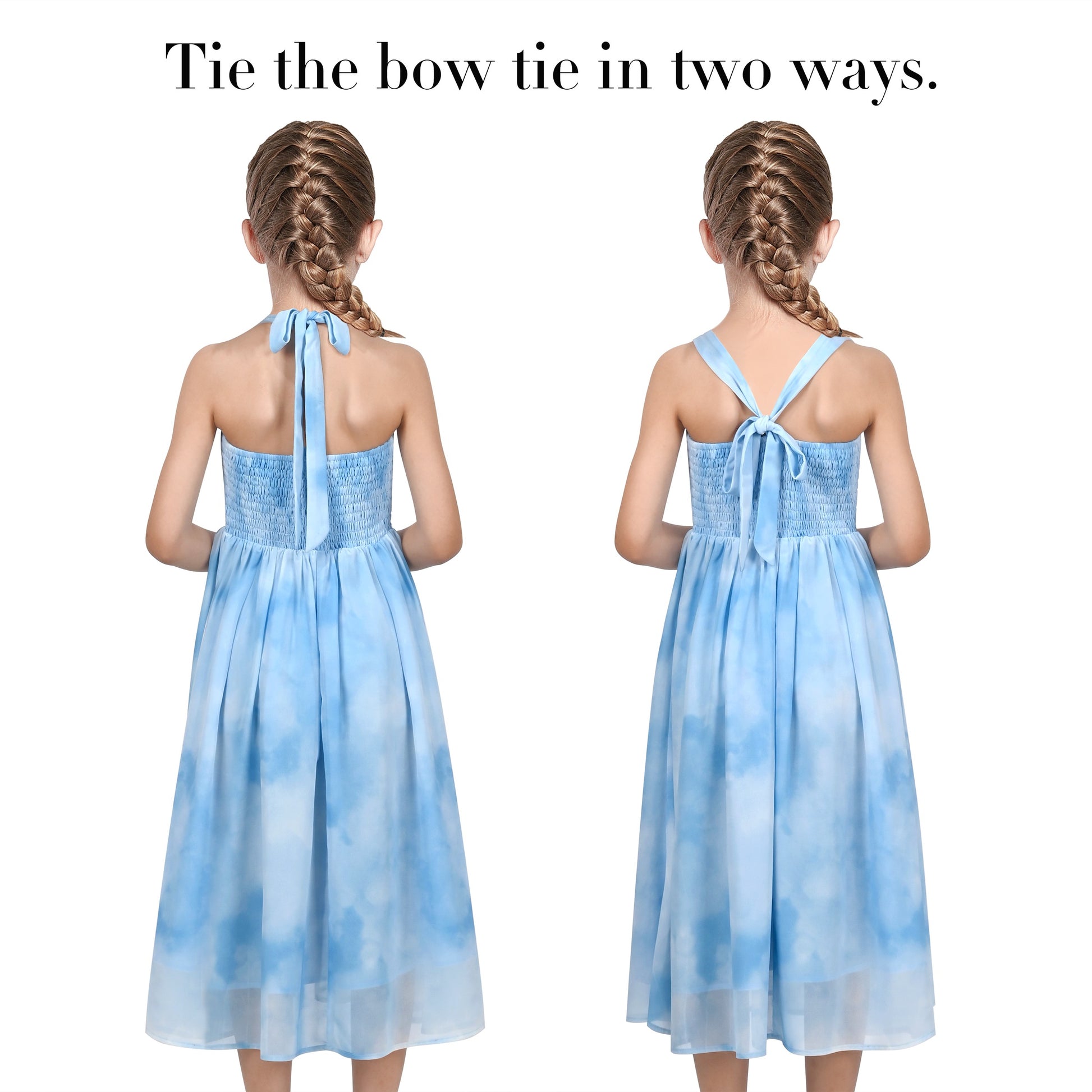 Girls Dress Rose Halter Button Smocked Tie Back Beach Party Chiffon Blue