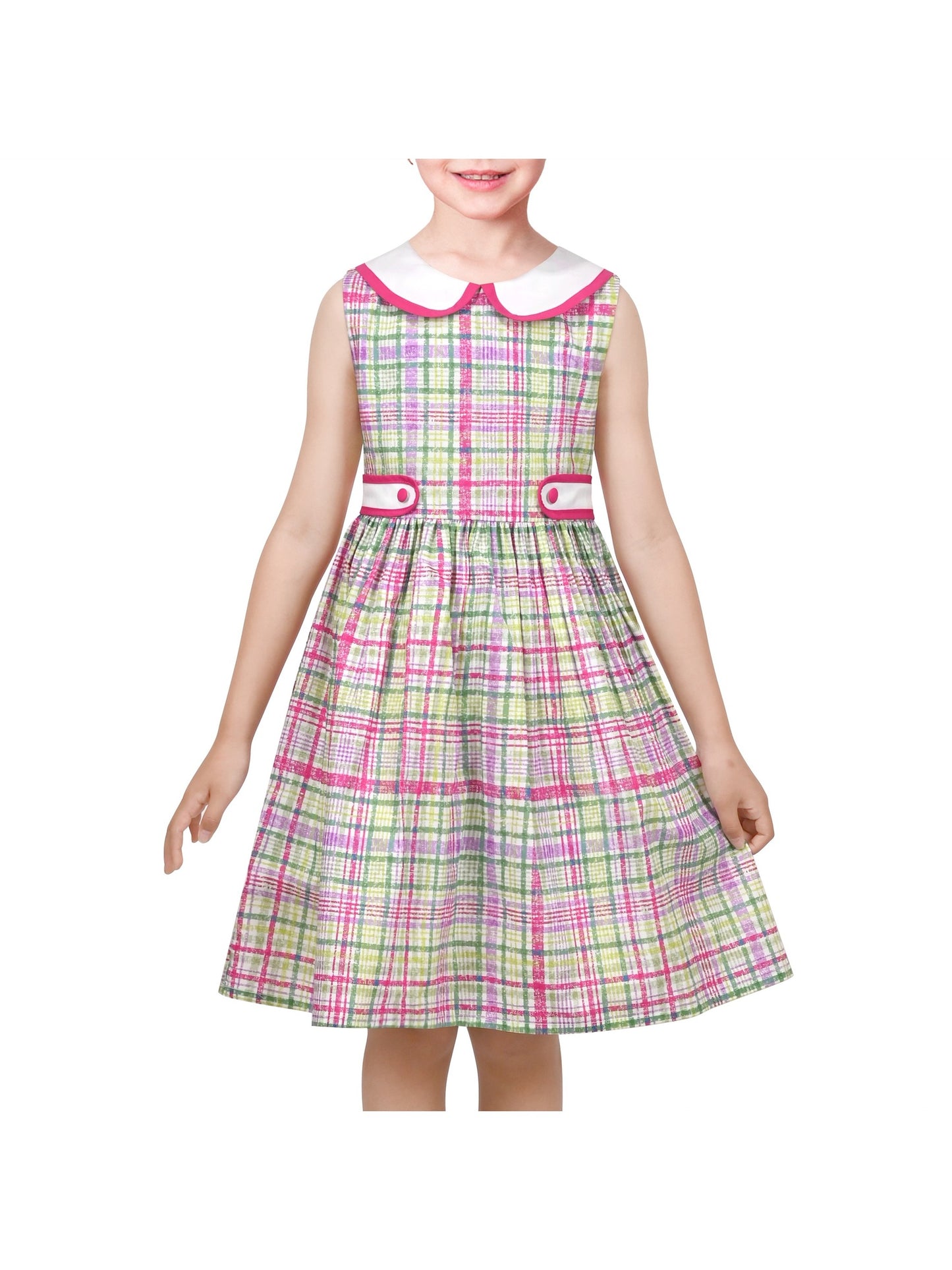 Girls Dress Pink Polka Dot Pocket Button School Summer Sleeveless Cotton Purple