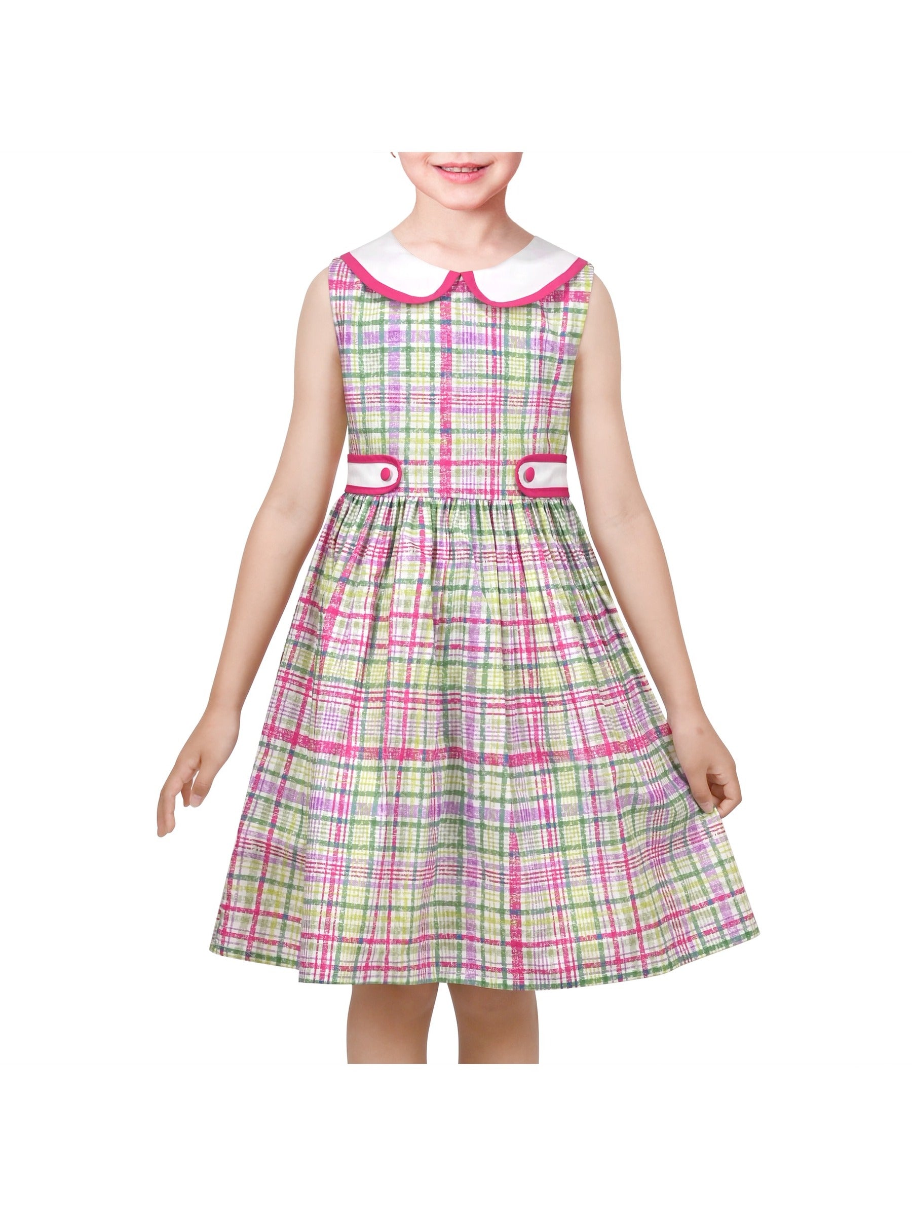 Girls Dress Pink Polka Dot Pocket Button School Summer Sleeveless Cotton Purple
