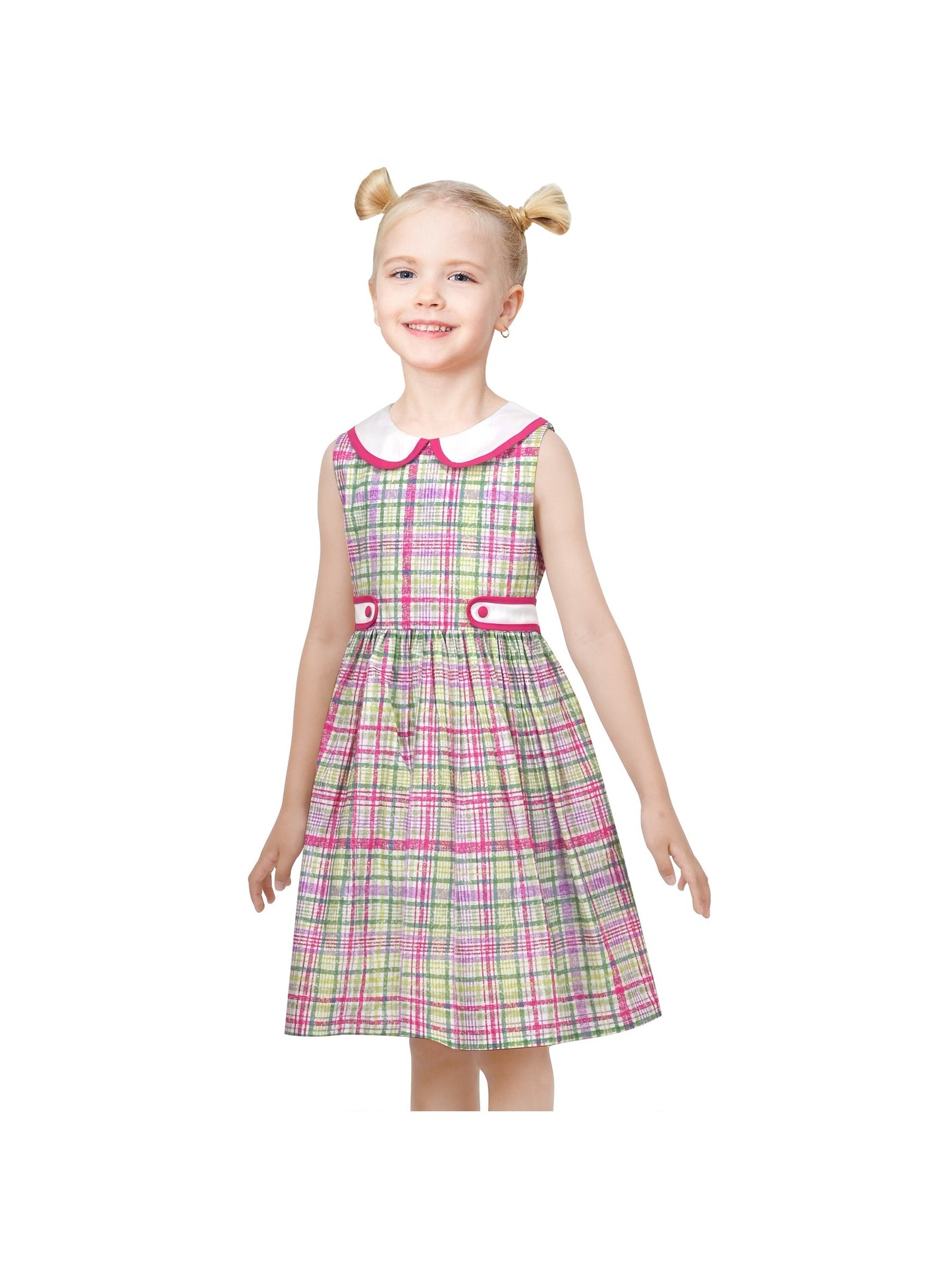 Girls Dress Pink Polka Dot Pocket Button School Summer Sleeveless Cotton Purple
