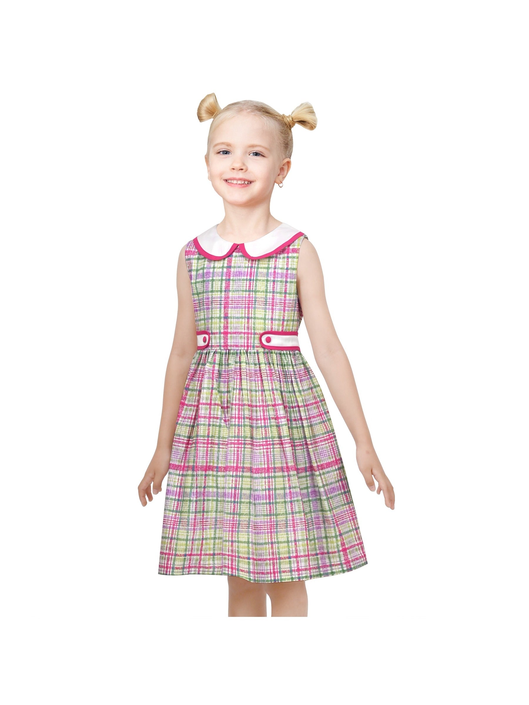 Girls Dress Pink Polka Dot Pocket Button School Summer Sleeveless Cotton Purple