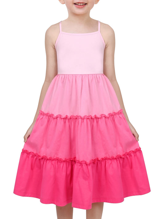 Girls Dress Rainbow Colorful Tiered Ruffle Backless Casual Holiday Cotton Pink