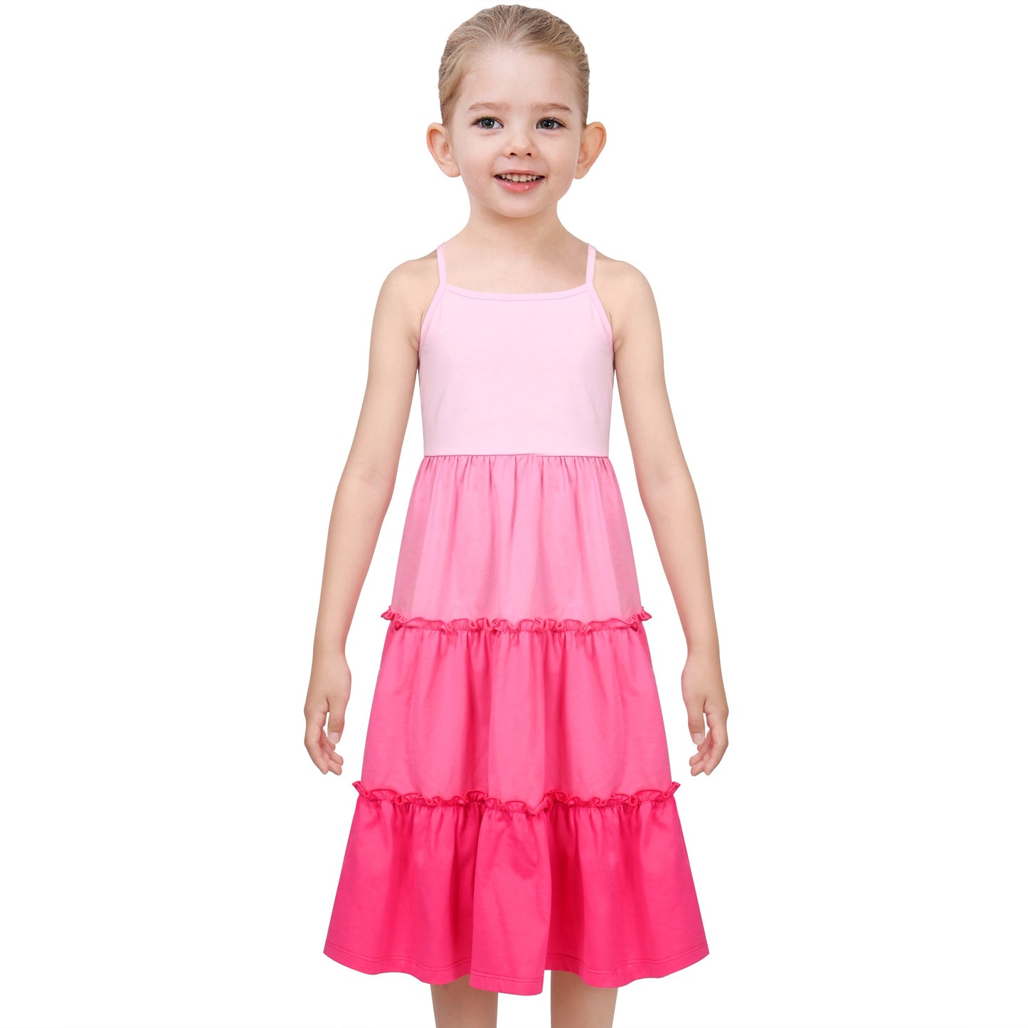 Girls Dress Rainbow Colorful Tiered Ruffle Backless Casual Holiday Cotton Pink