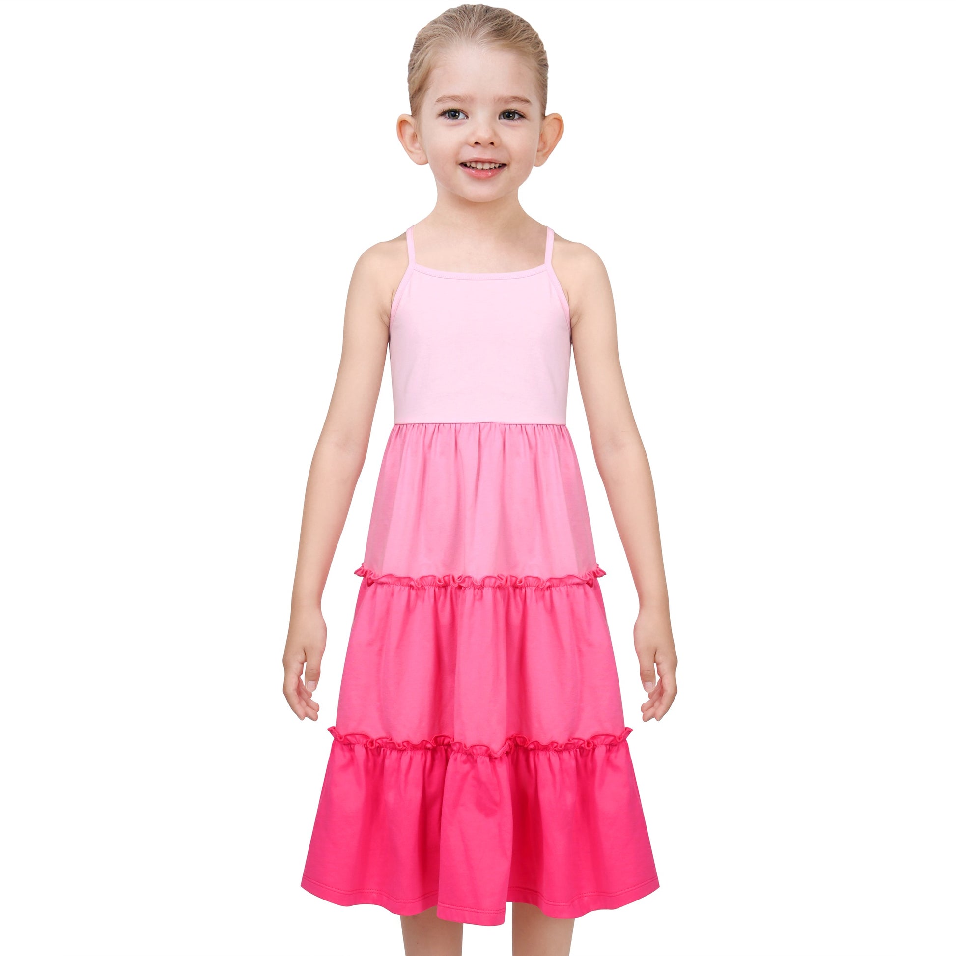 Girls Dress Rainbow Colorful Tiered Ruffle Backless Casual Holiday Cotton Pink