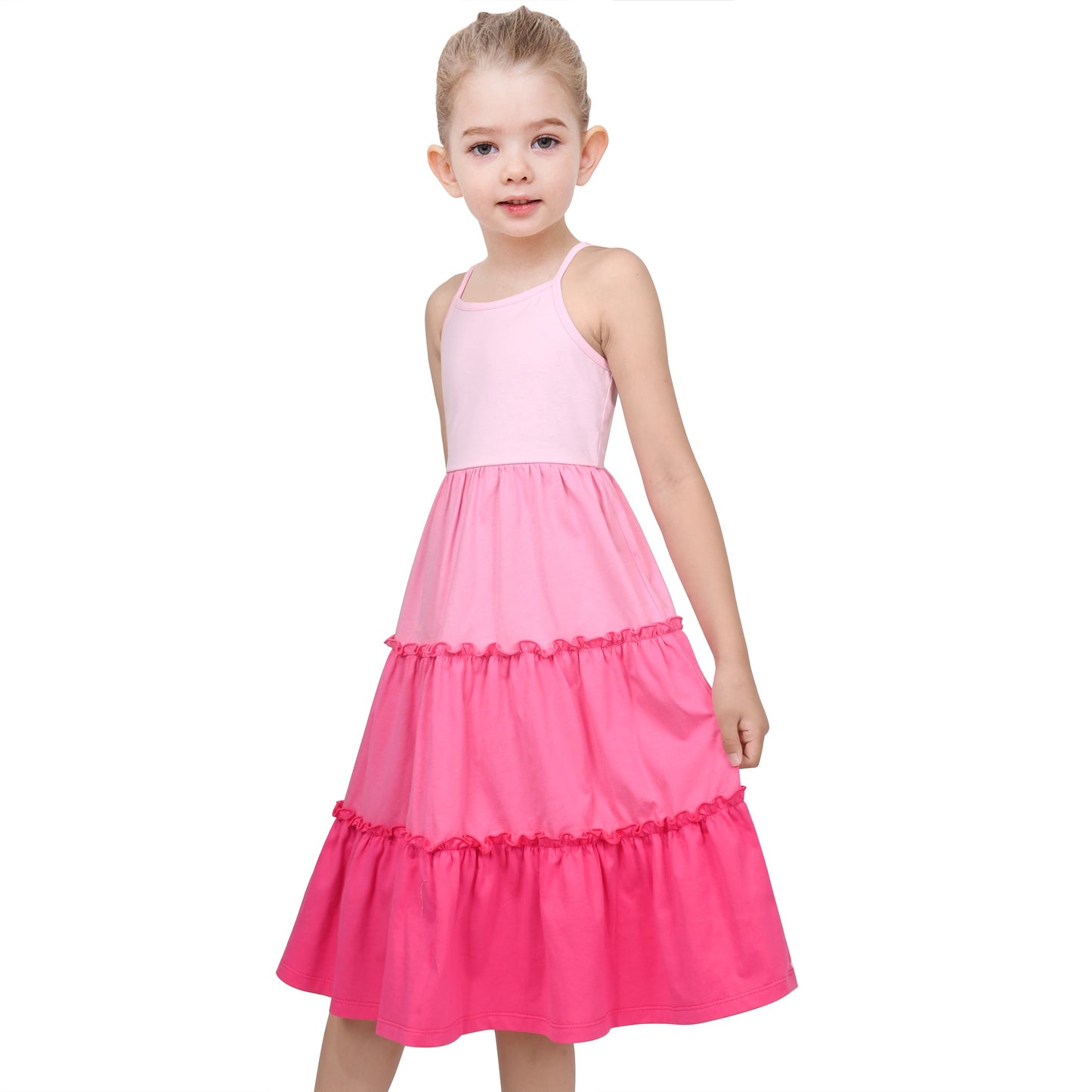 Girls Dress Rainbow Colorful Tiered Ruffle Backless Casual Holiday Cotton Pink